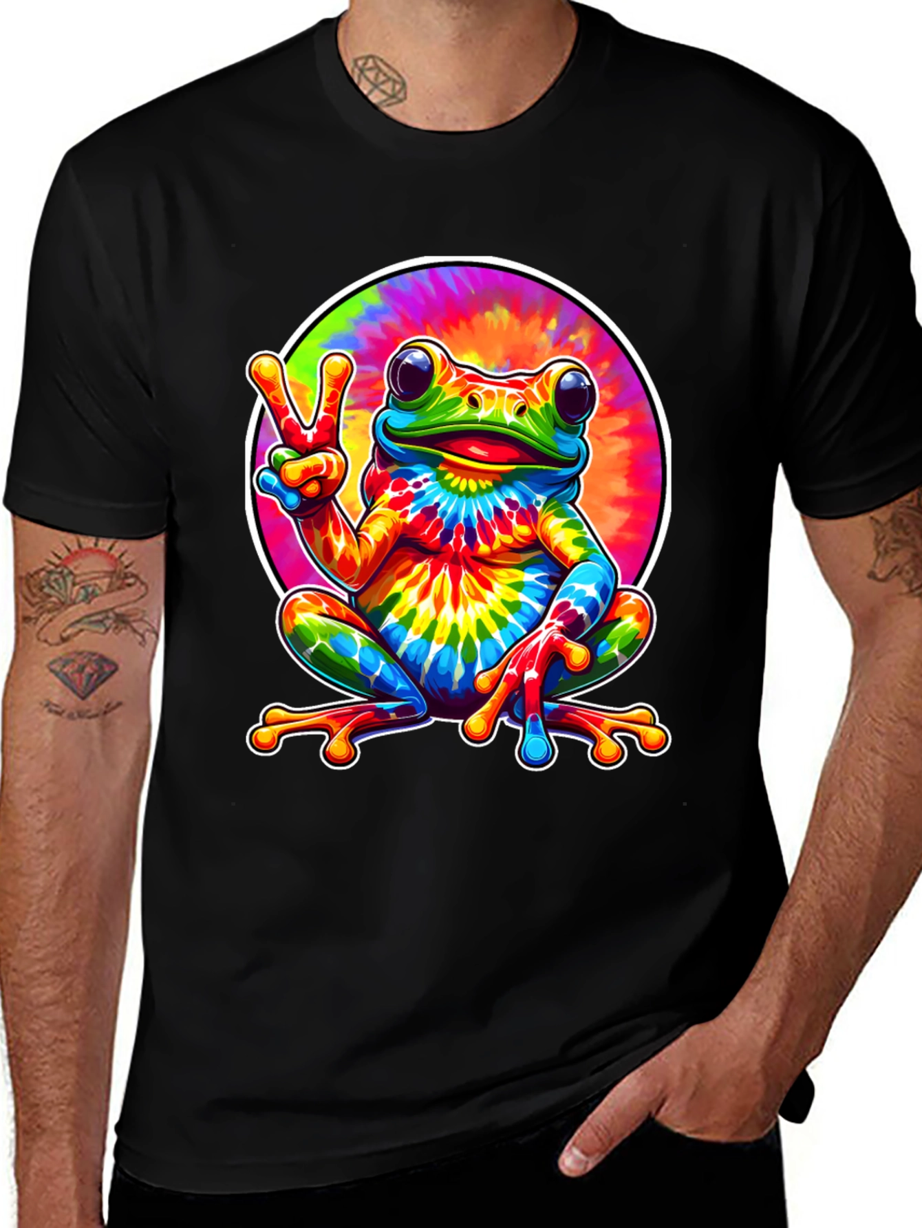 Tie Dye Frog Peace Sign Graphic T-Shirt