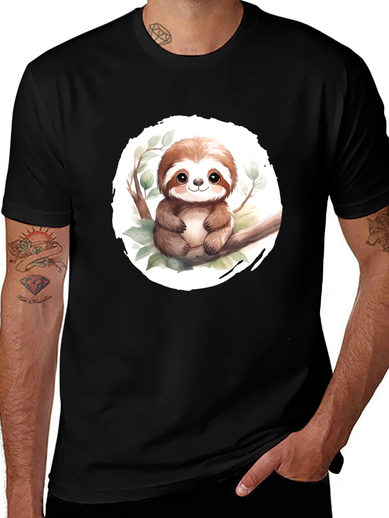 Variant 13 of Cute Sloth on Branch Men's Black T-Shirt