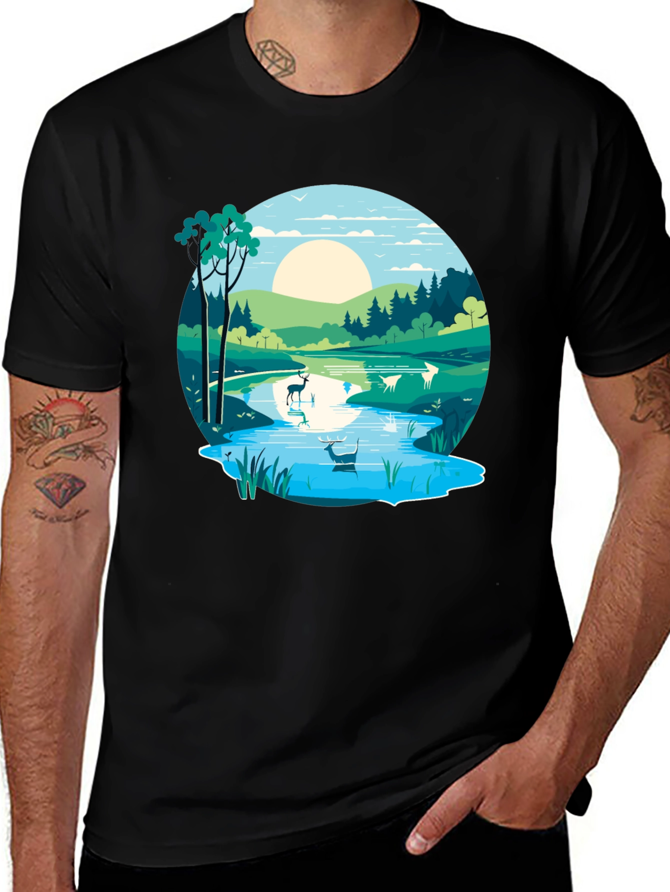 Variant 21 of Nature Scene Graphic Tee - Lakeside Deer Design