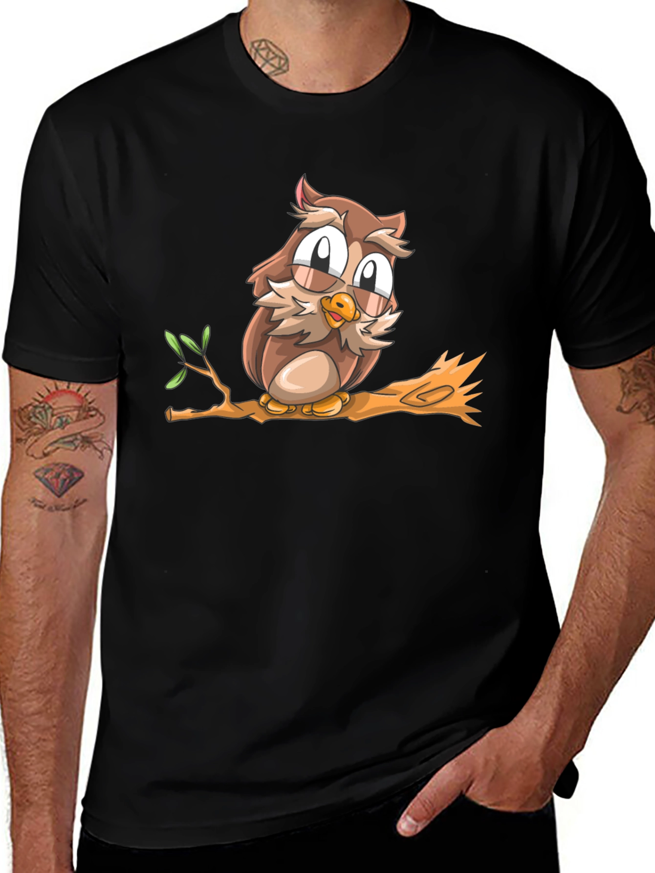Variant 3 of Cute Owl on Branch Black T-Shirt