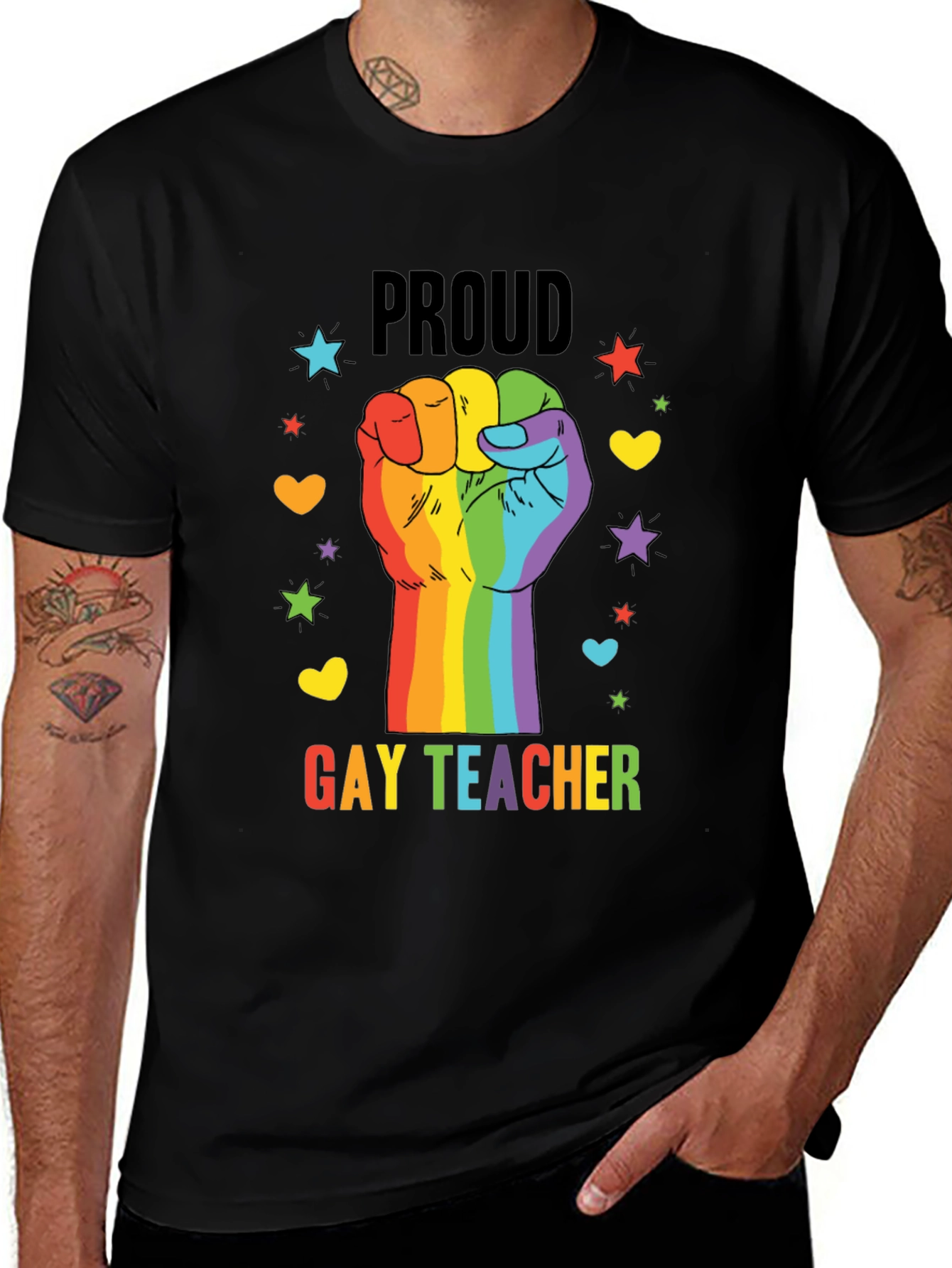 Variant 5 of Proud Gay Teacher Rainbow Fist T-Shirt