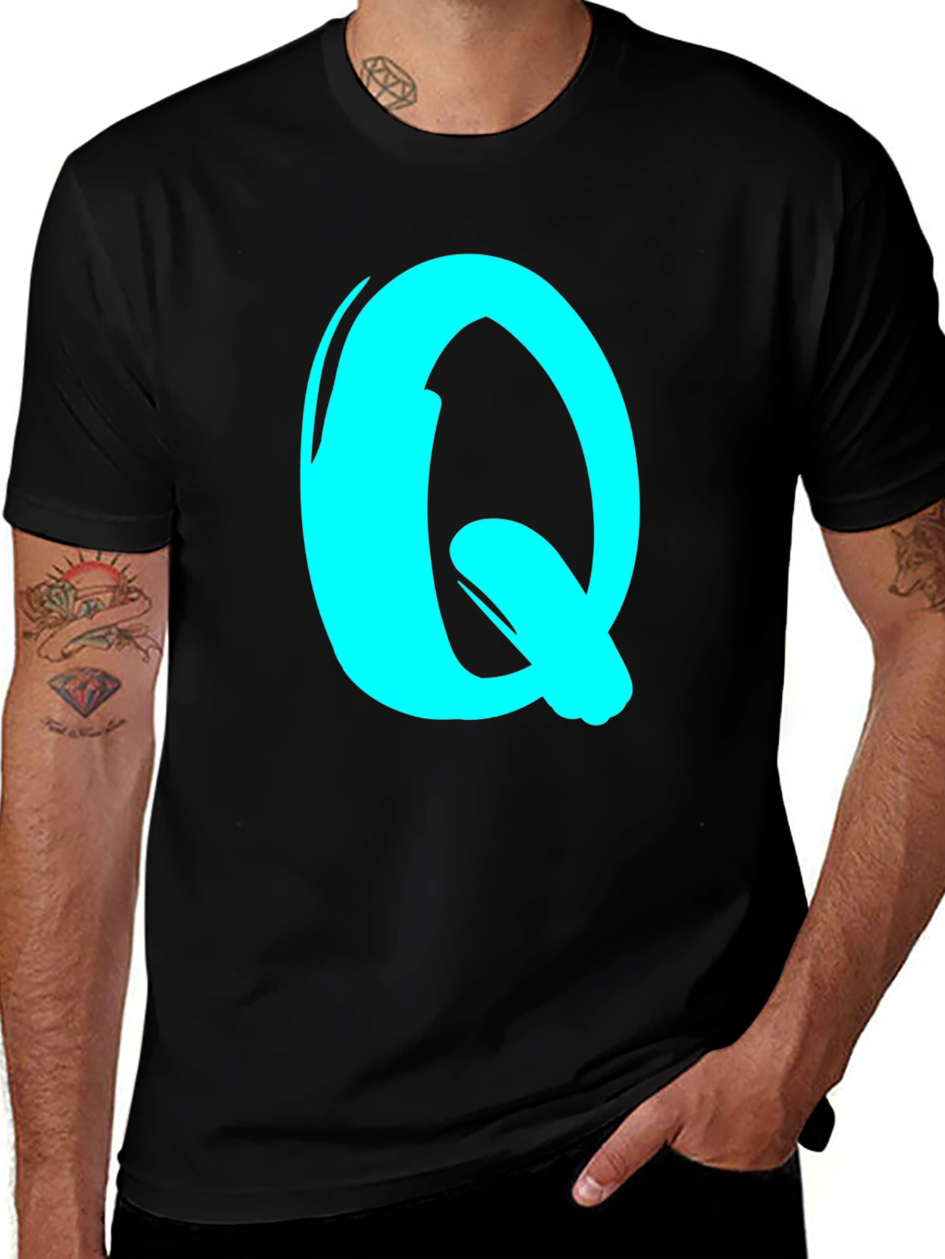 Variant 14 of Black Tee with Cyan Letter "Q" Graphic Print