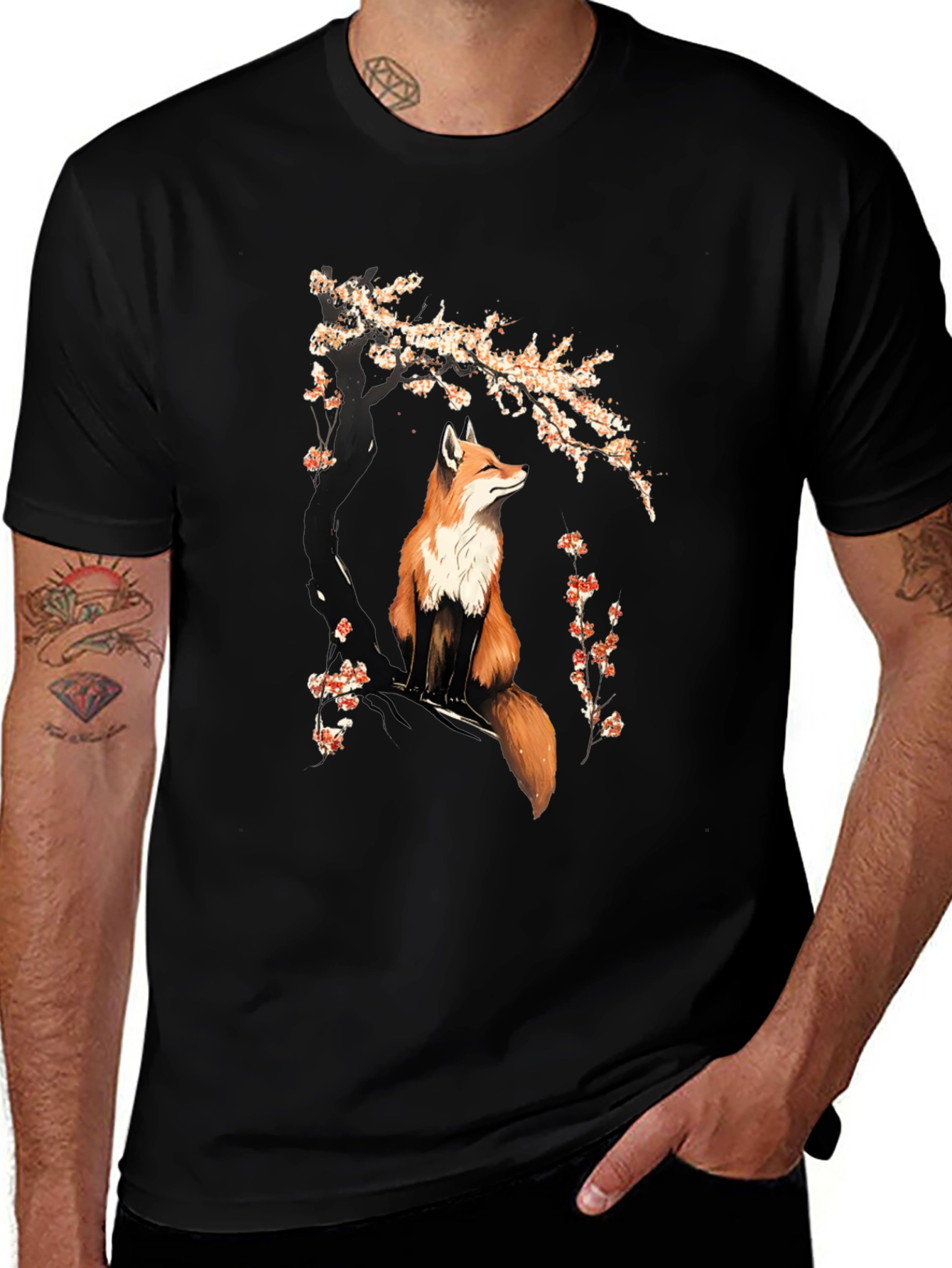 Fox & Cherry Blossom Graphic T-Shirt - Black