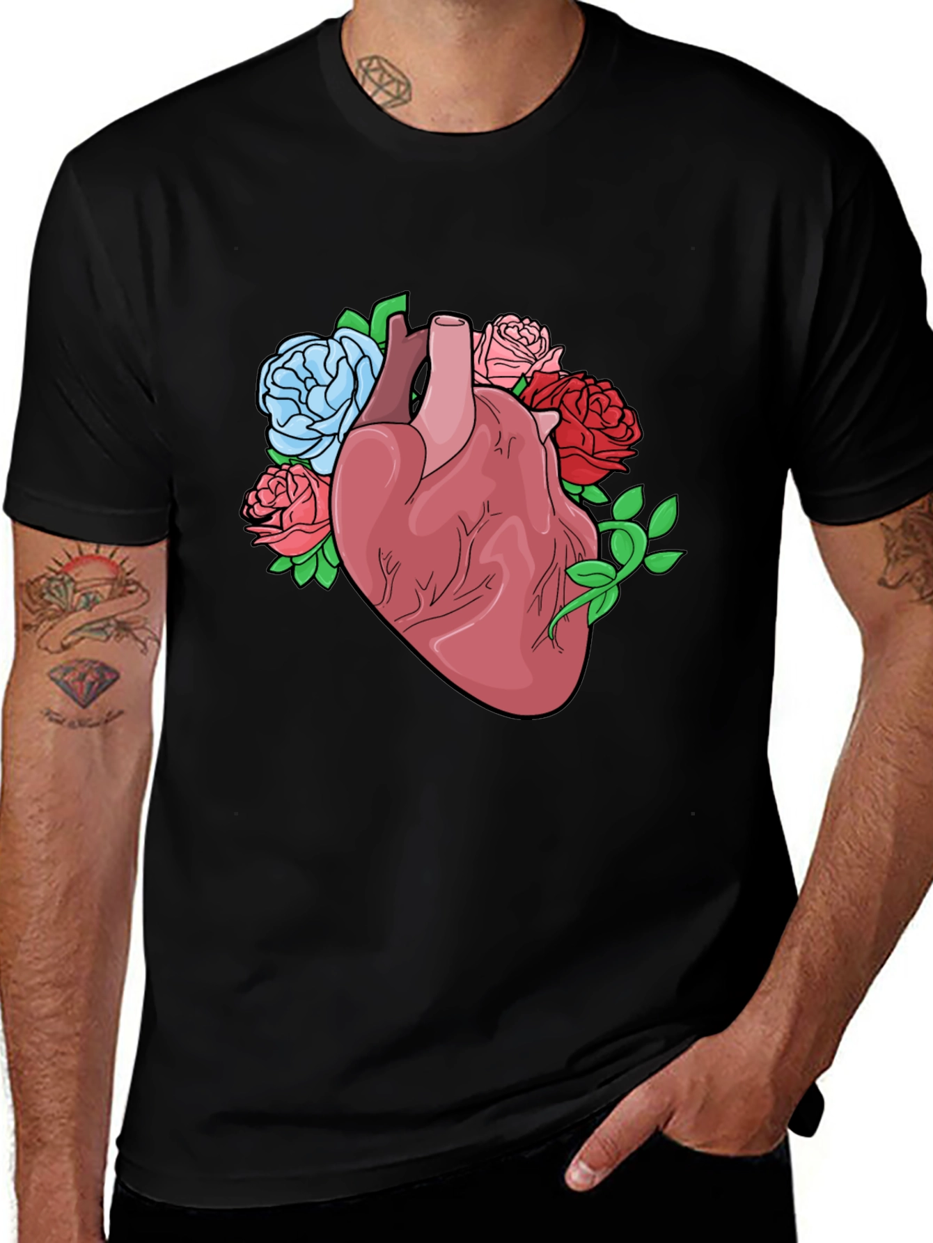 Variant 23 of Floral Heart Graphic Tee - Black Cotton Blend