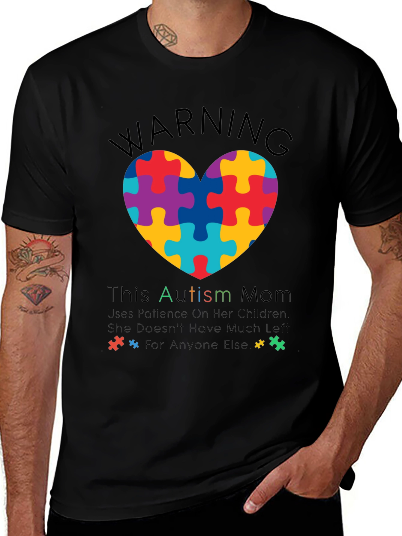 Autism Mom Heart Puzzle Graphic Tee - Black