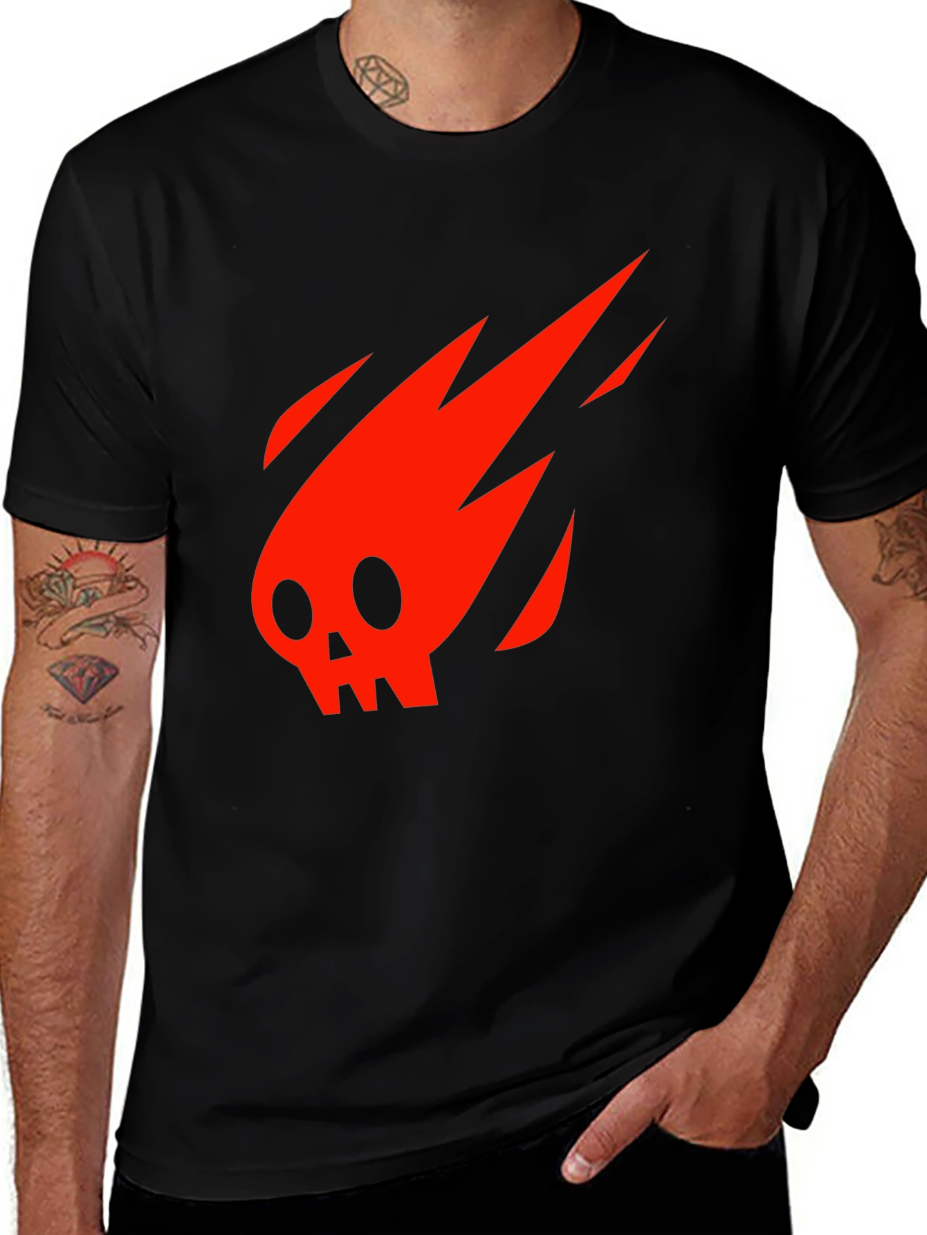 Black Fiery Skull Graphic Tee - Black Cotton Casual Shirt main image