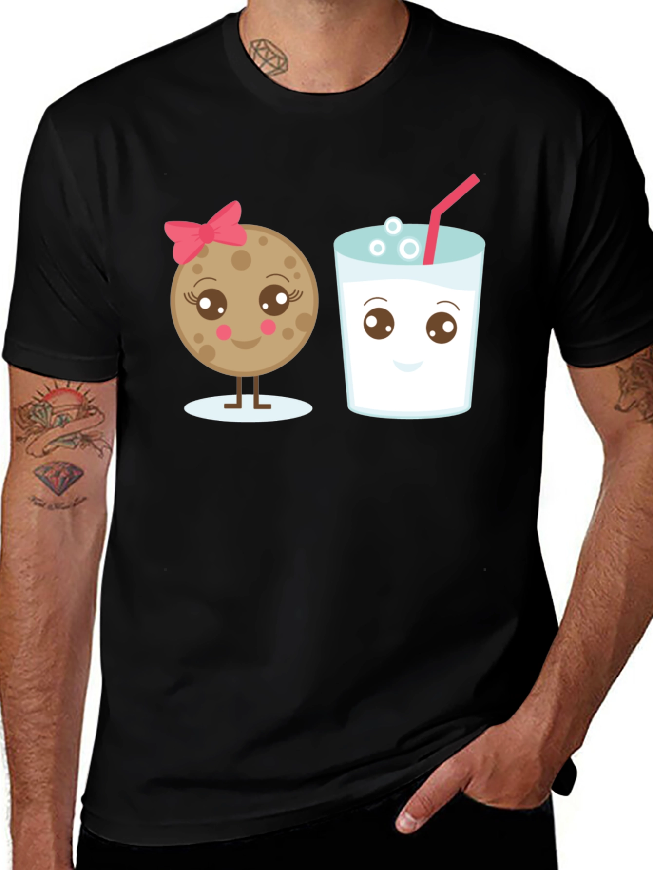 Variant 21 of Cute Cookie & Milk Graphic Black T-Shirt