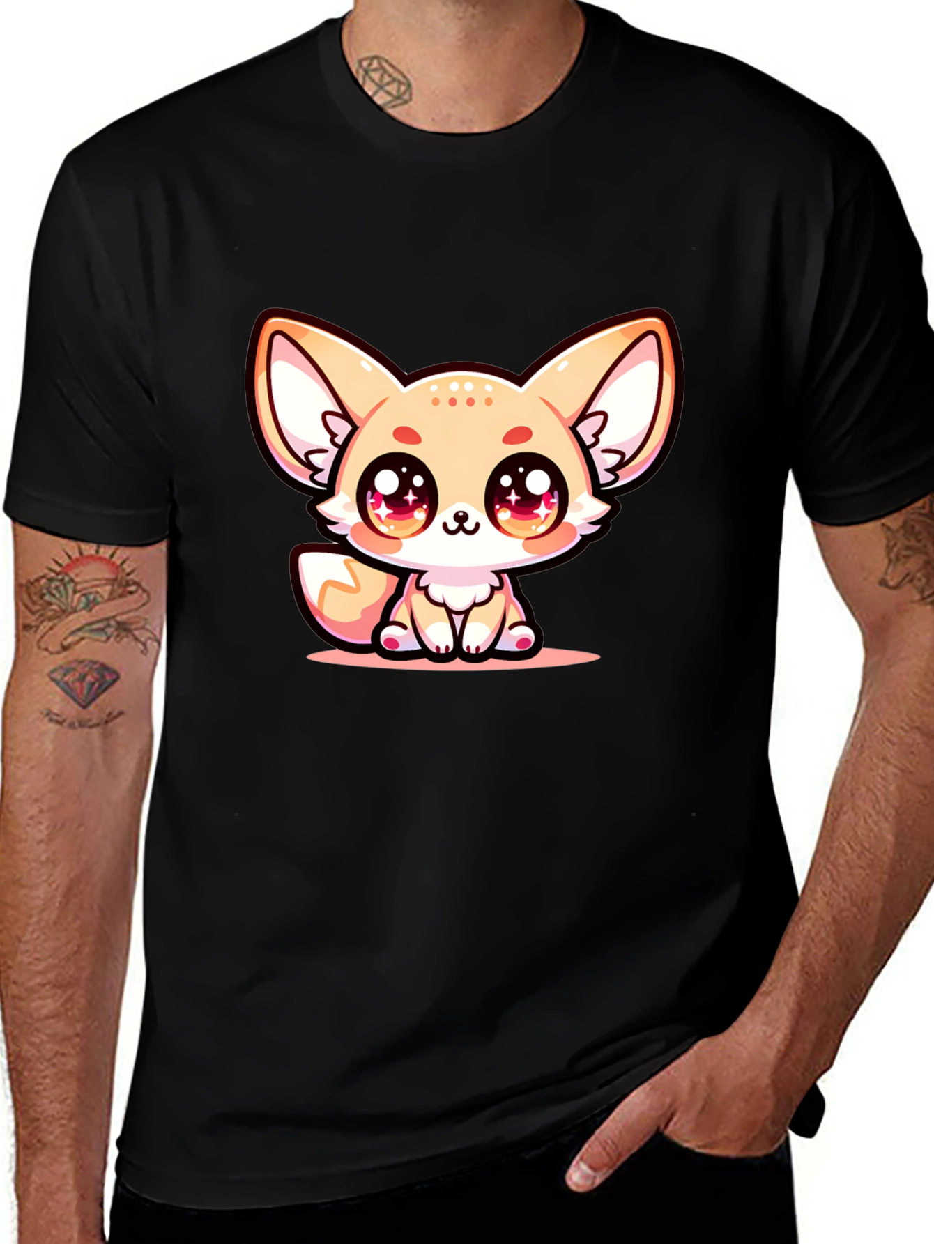 Variant 30 of Cute Fennec Fox Graphic Tee - Black Cotton Blend