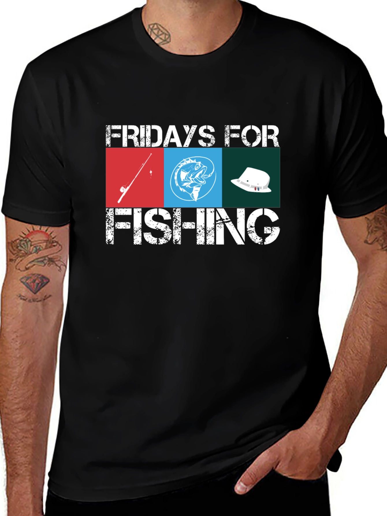 Variant 20 of Fridays for Fishing Graphic Tee - Black Cotton T-Shirt