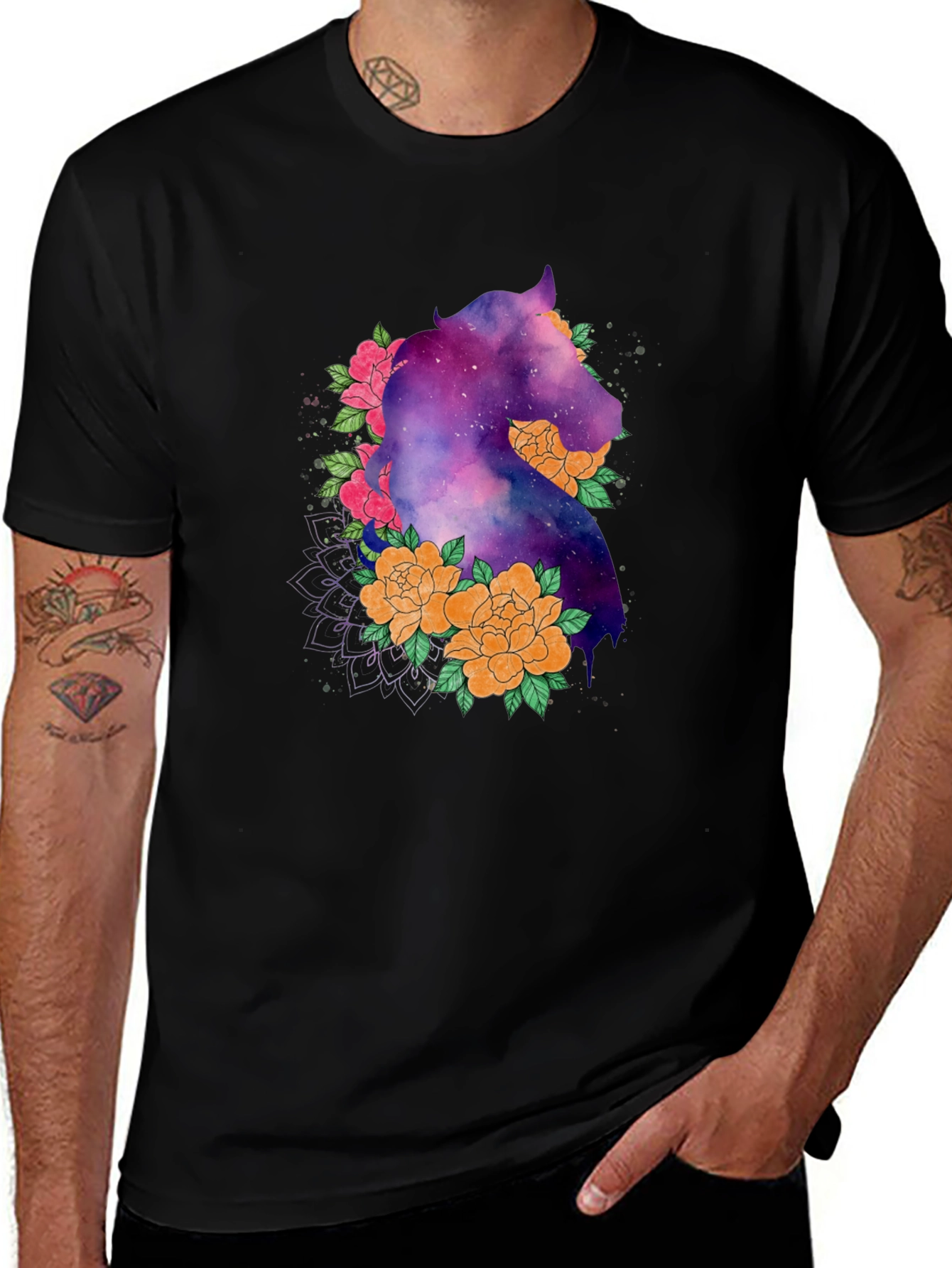 Variant 12 of Galaxy Horse Floral Black T-Shirt