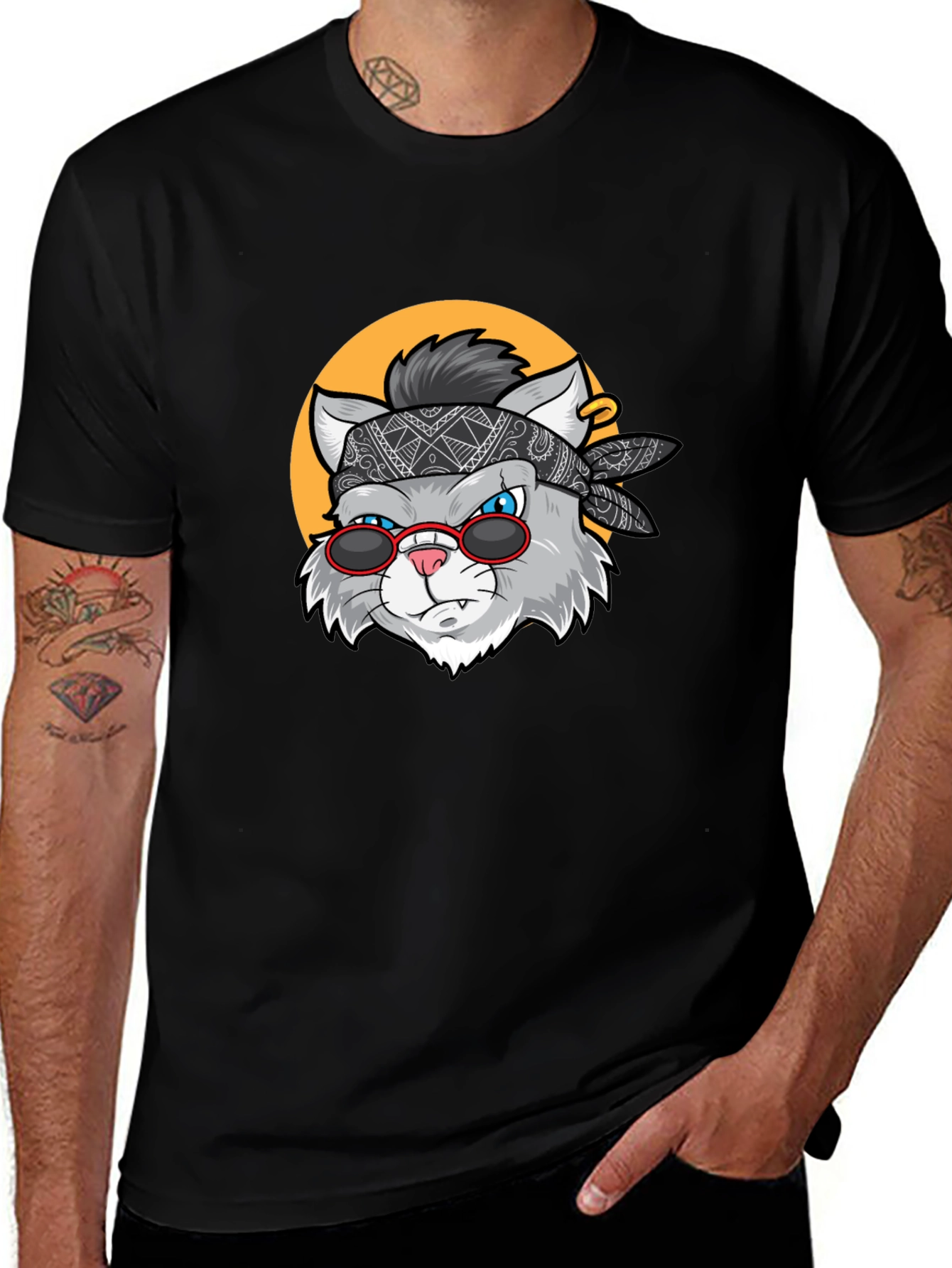 Variant 22 of Cool Cat Graphic Tee - Black Crew Neck T-Shirt