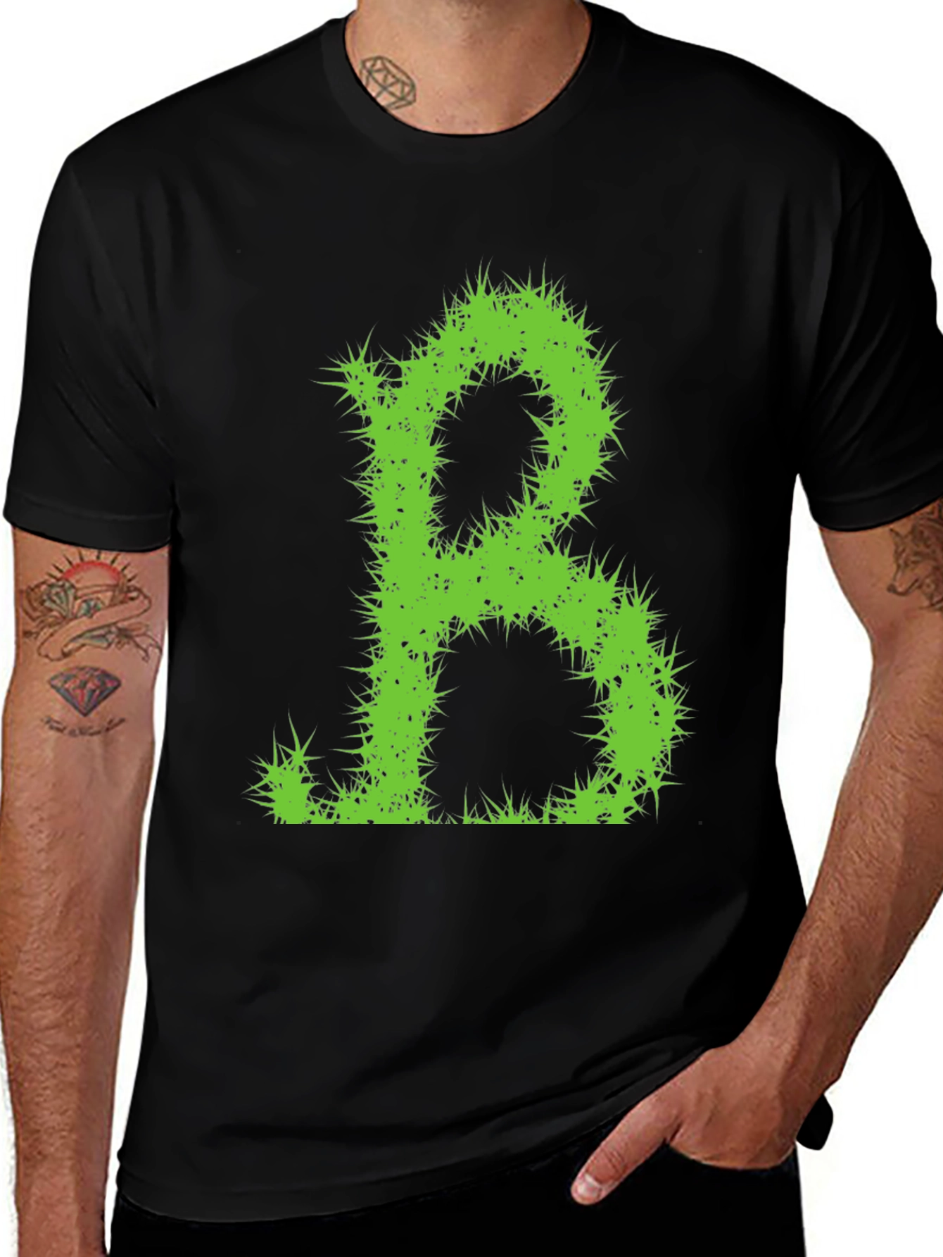 Variant 5 of Green Prickly Letter B Black T-Shirt