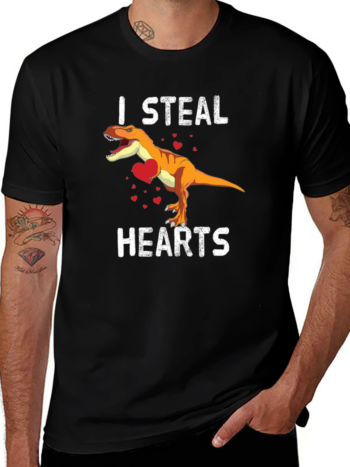 I Steal Hearts T-Rex Valentine's Day Black T-Shirt