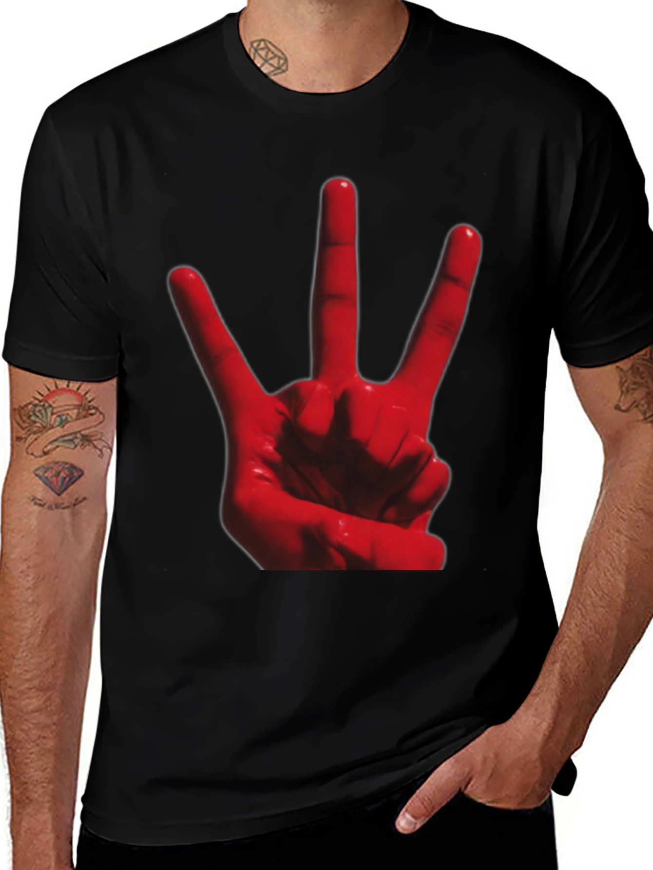 Red 3-Finger Hand Sign Black T-Shirt