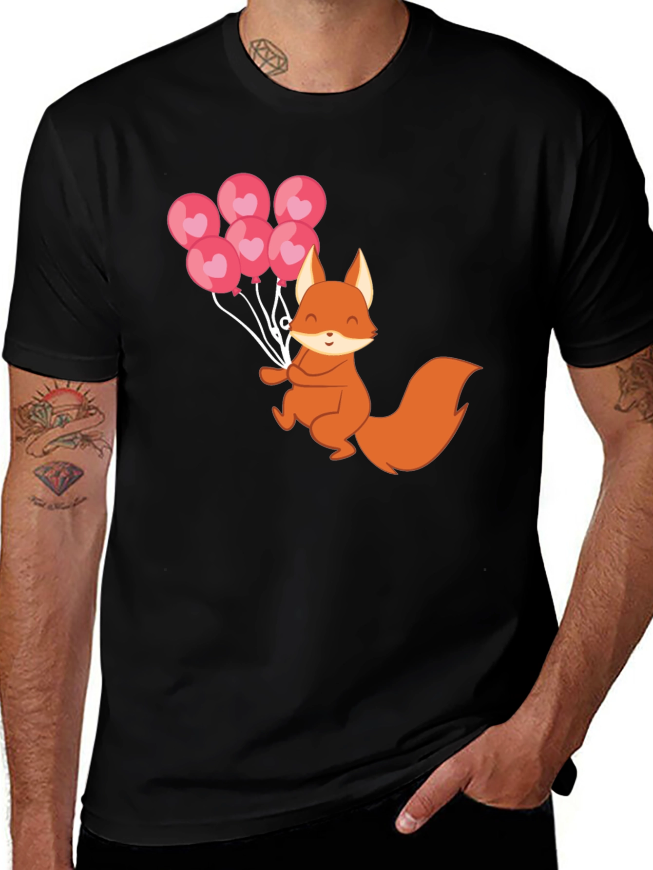 Variant 24 of Cute Fox with Heart Balloons Black T-Shirt