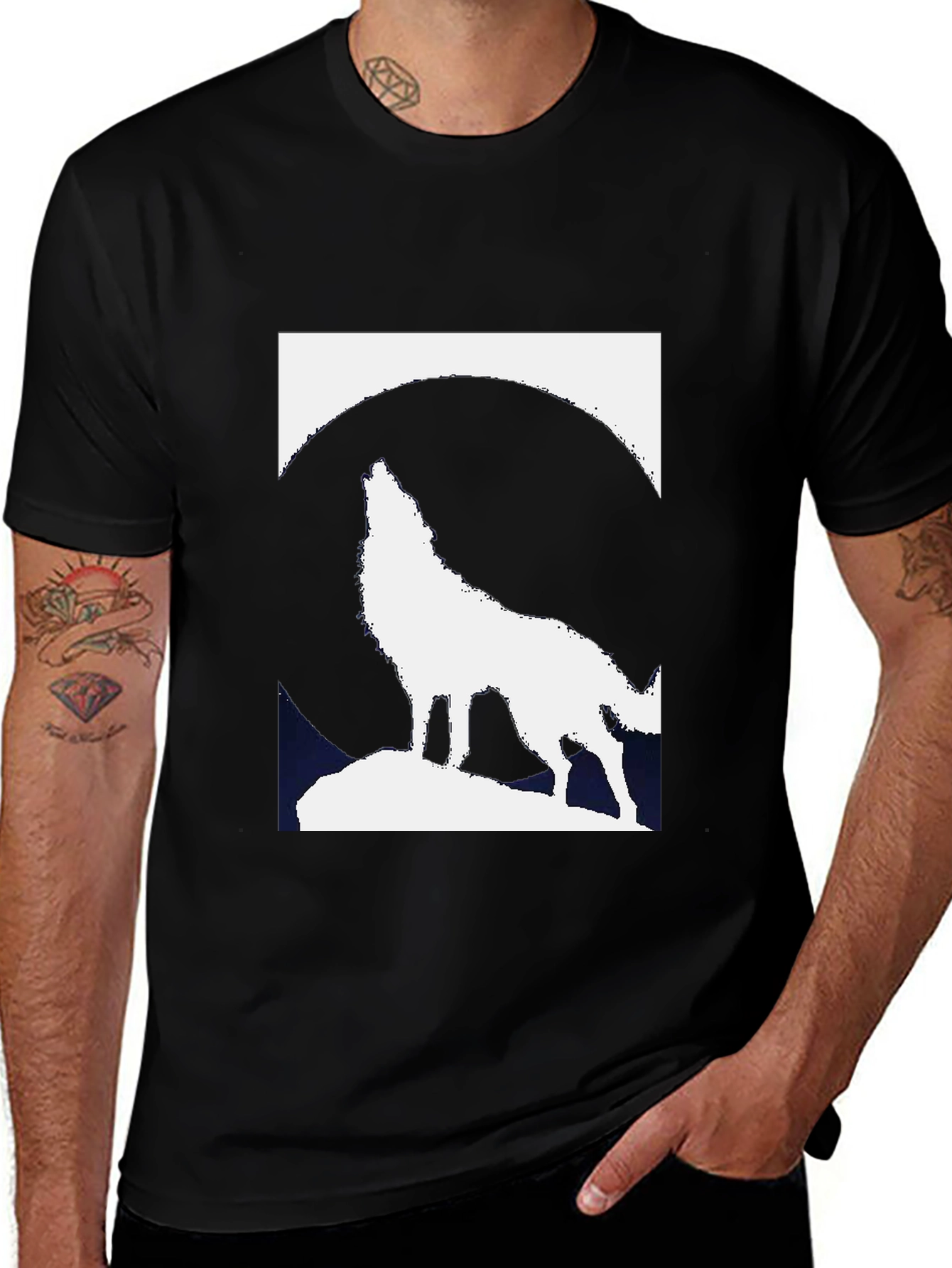 Variant 10 of Wolf Howling at Moon Graphic Tee - Black
