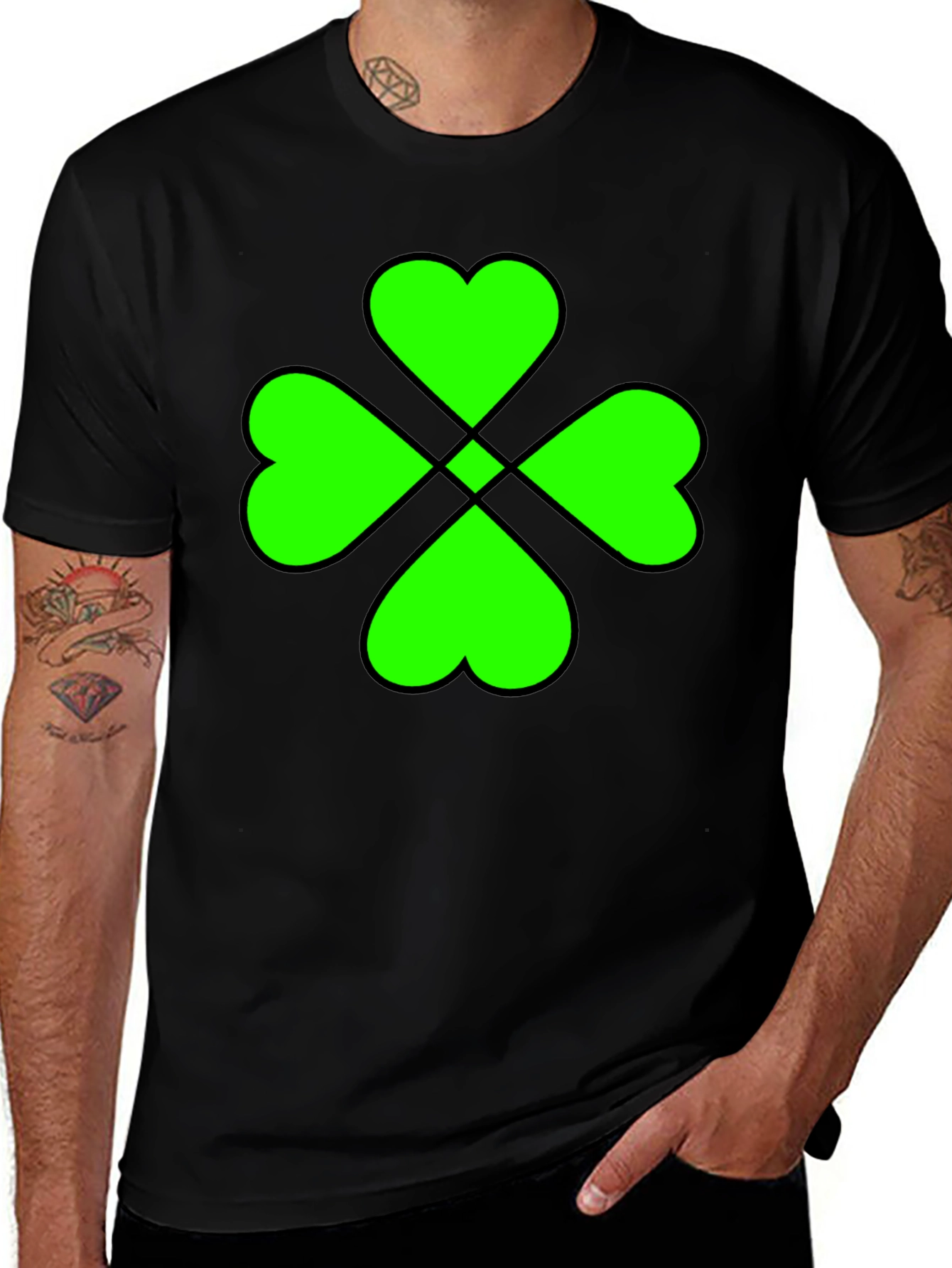 Variant 10 of Lucky Green Clover Graphic Black T-Shirt