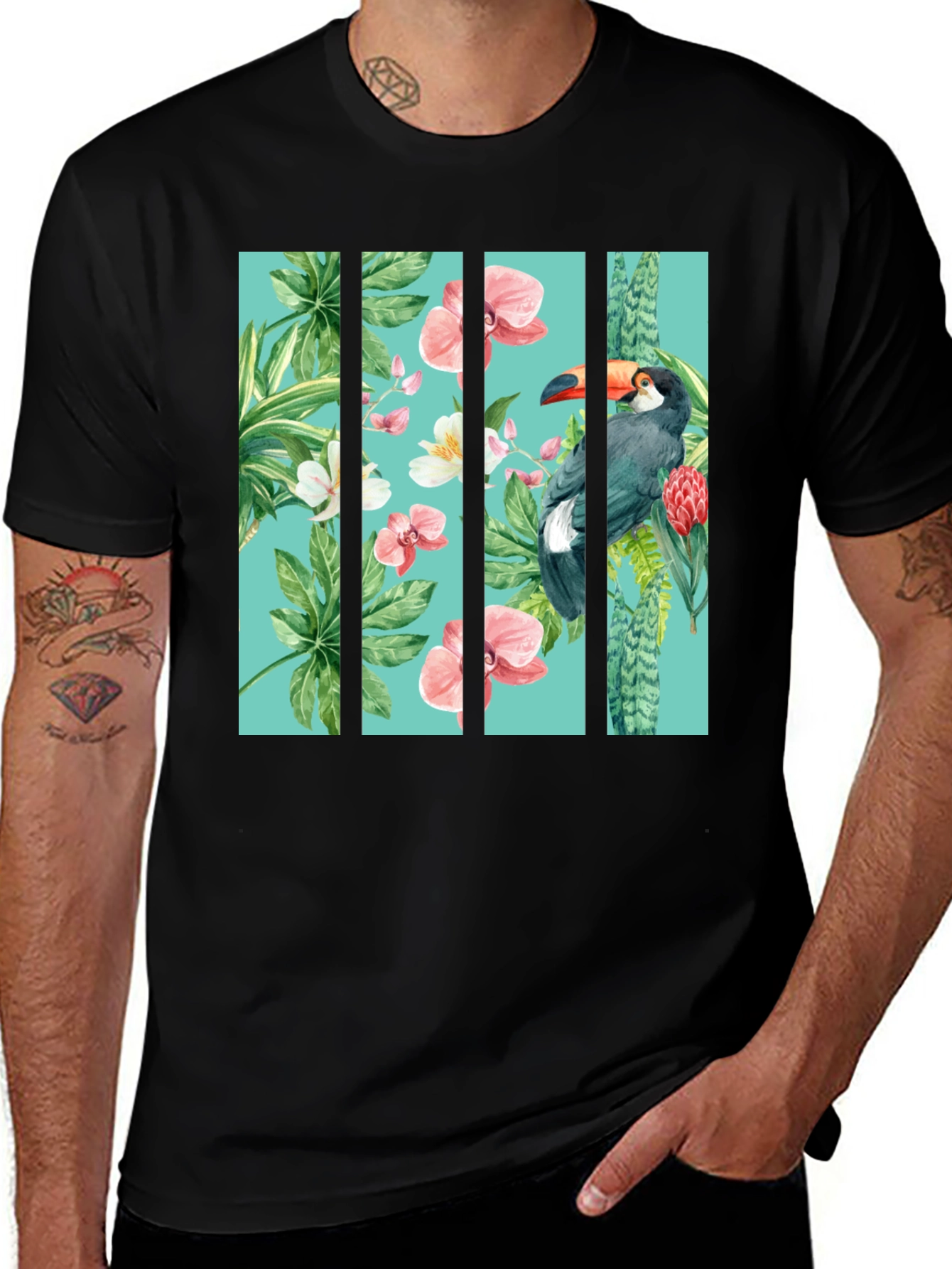 Variant 23 of Tropical Toucan Graphic Tee - Stylish Men's Black T-Shirt