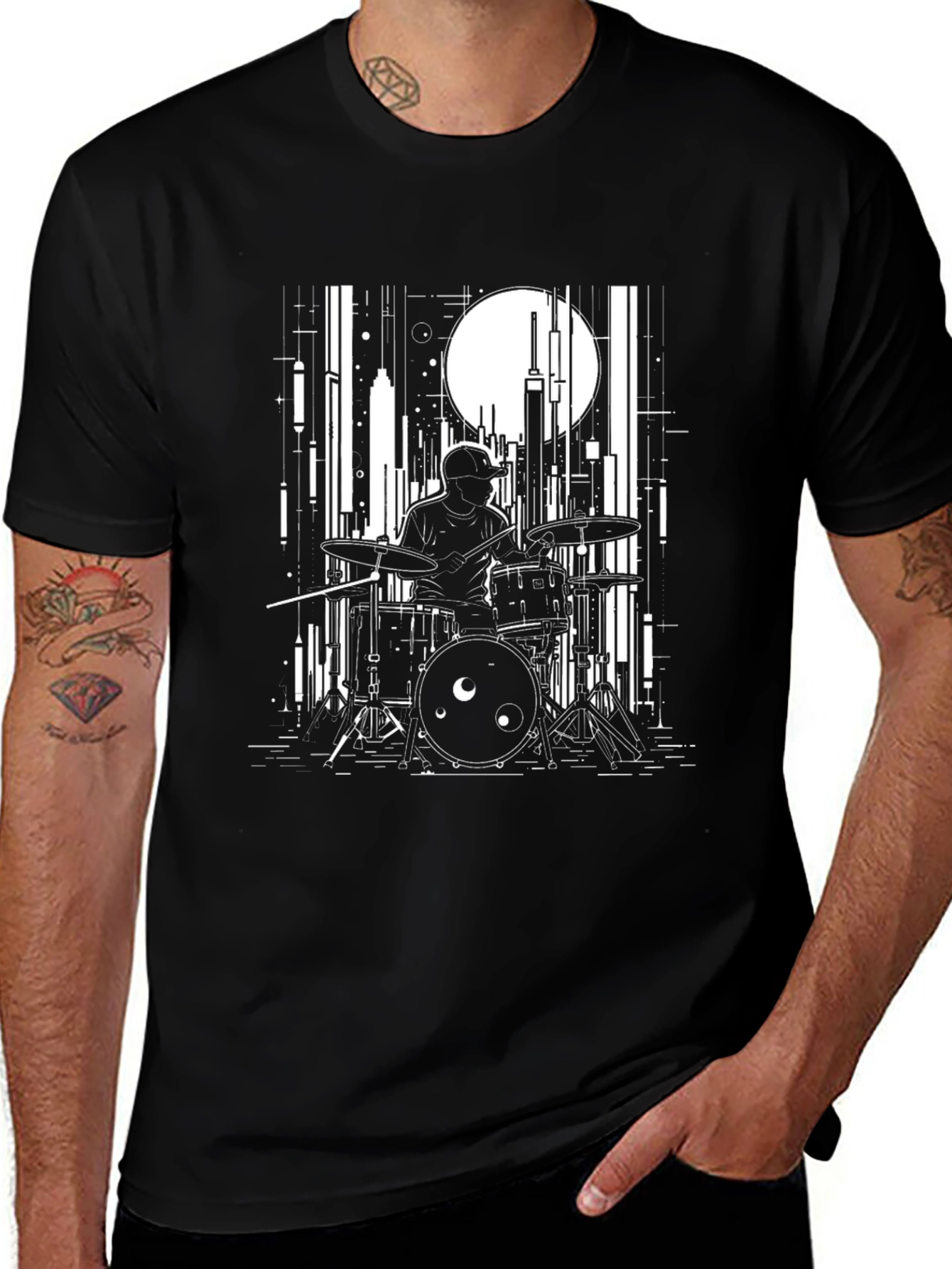 Variant 7 of Drummer Cityscape Graphic Tee - Black Cotton T-Shirt