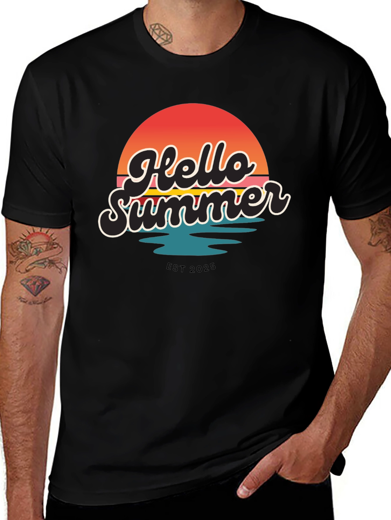 Variant 19 of Hello Summer Graphic Tee - Retro Sunset Design