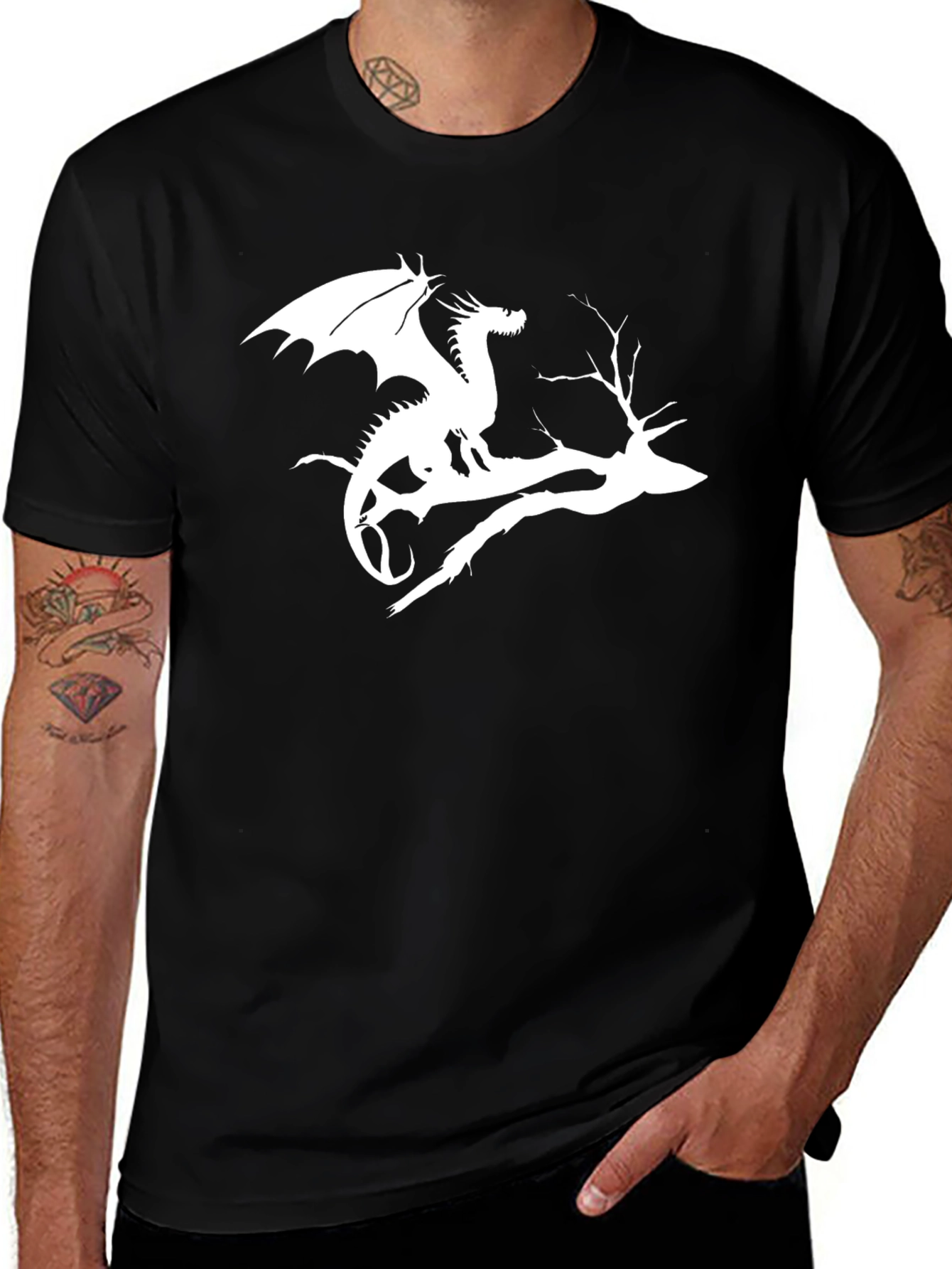 Variant 26 of Dragon & Tree Branch Graphic Tee - Black Cotton Shirt