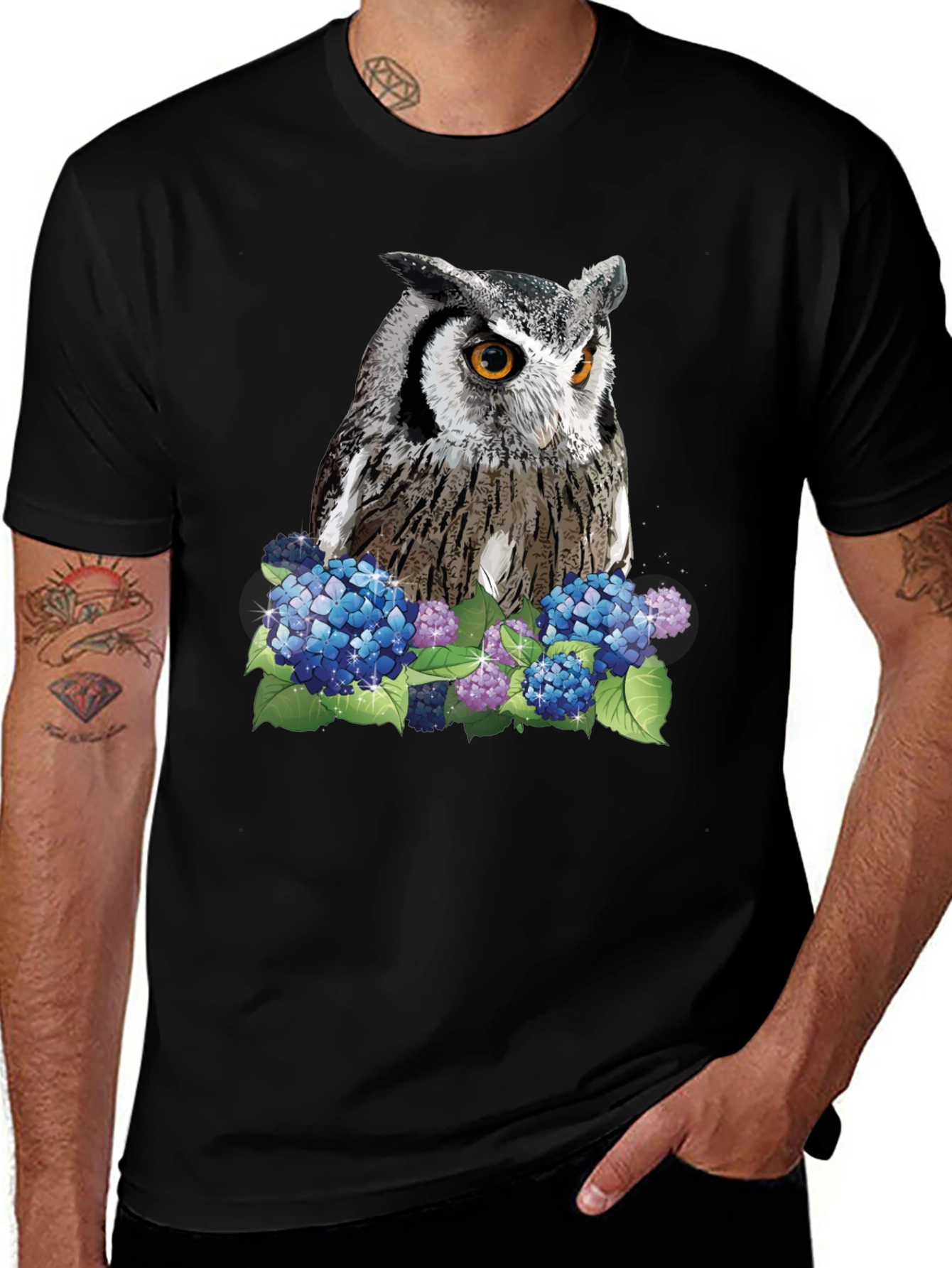 Variant 6 of Owl and Hydrangea Graphic T-Shirt