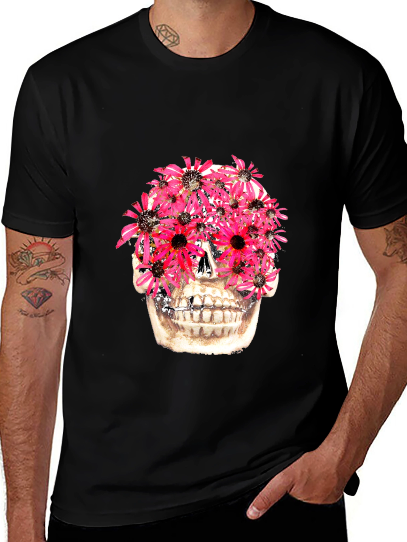 Variant 3 of Floral Skull Graphic Tee - Black Cotton T-Shirt