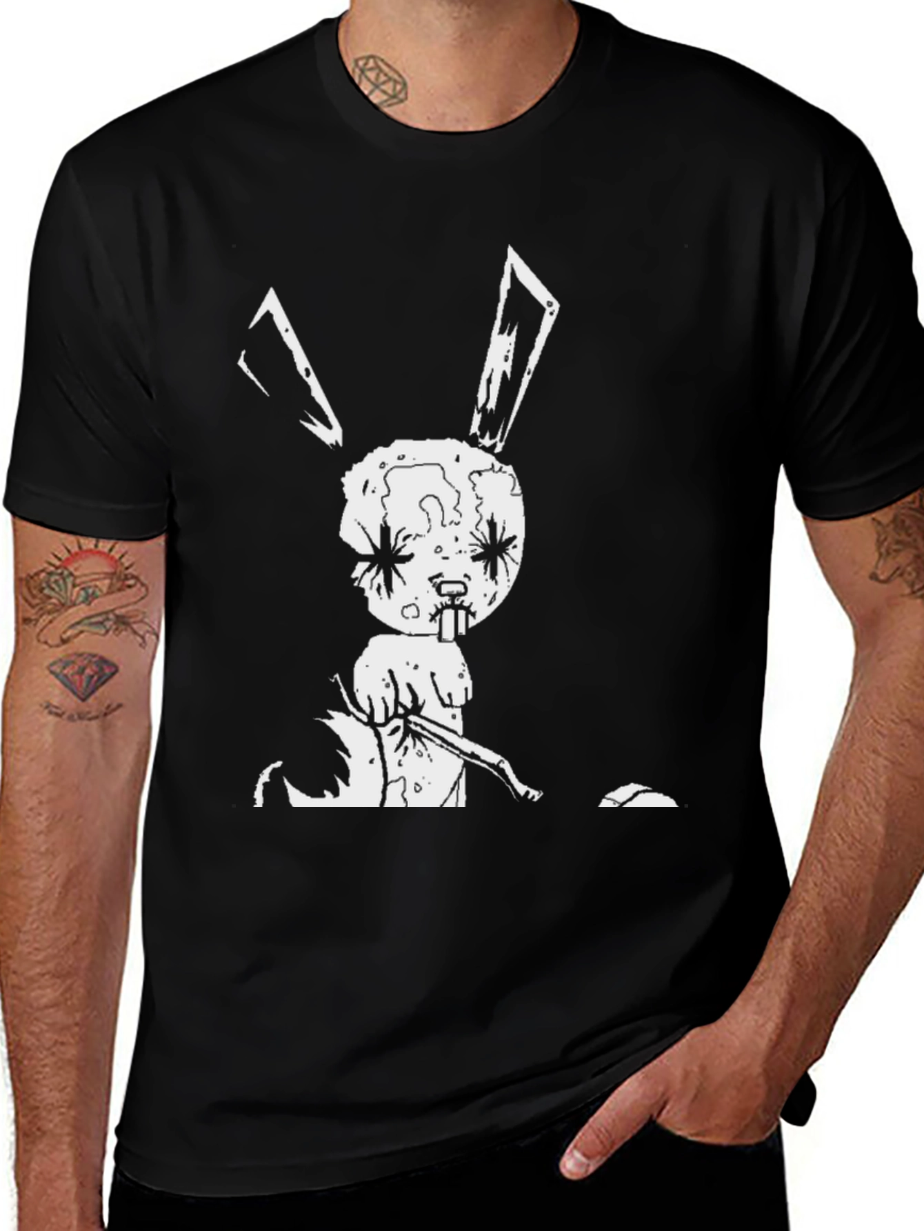 Creepy Bunny Graphic Tee - Black Cotton T-Shirt