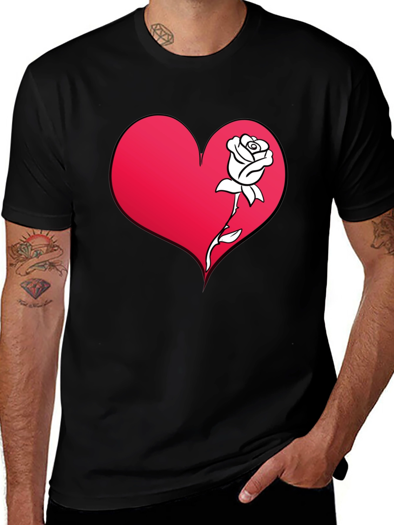 Heart and Rose Graphic Tee - Black Casual T-Shirt