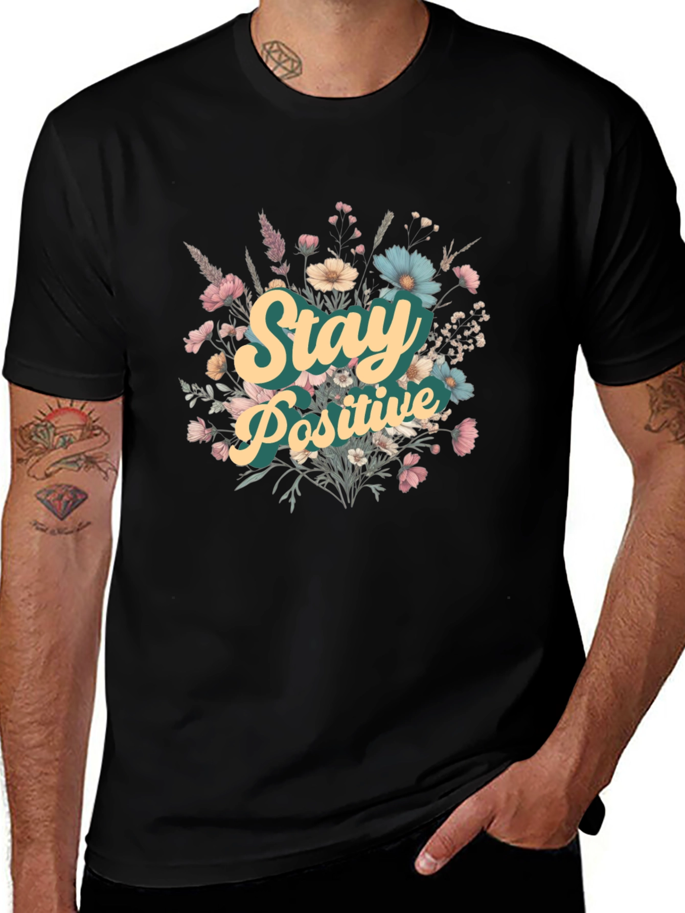 Variant 12 of Stay Positive Floral Black T-Shirt