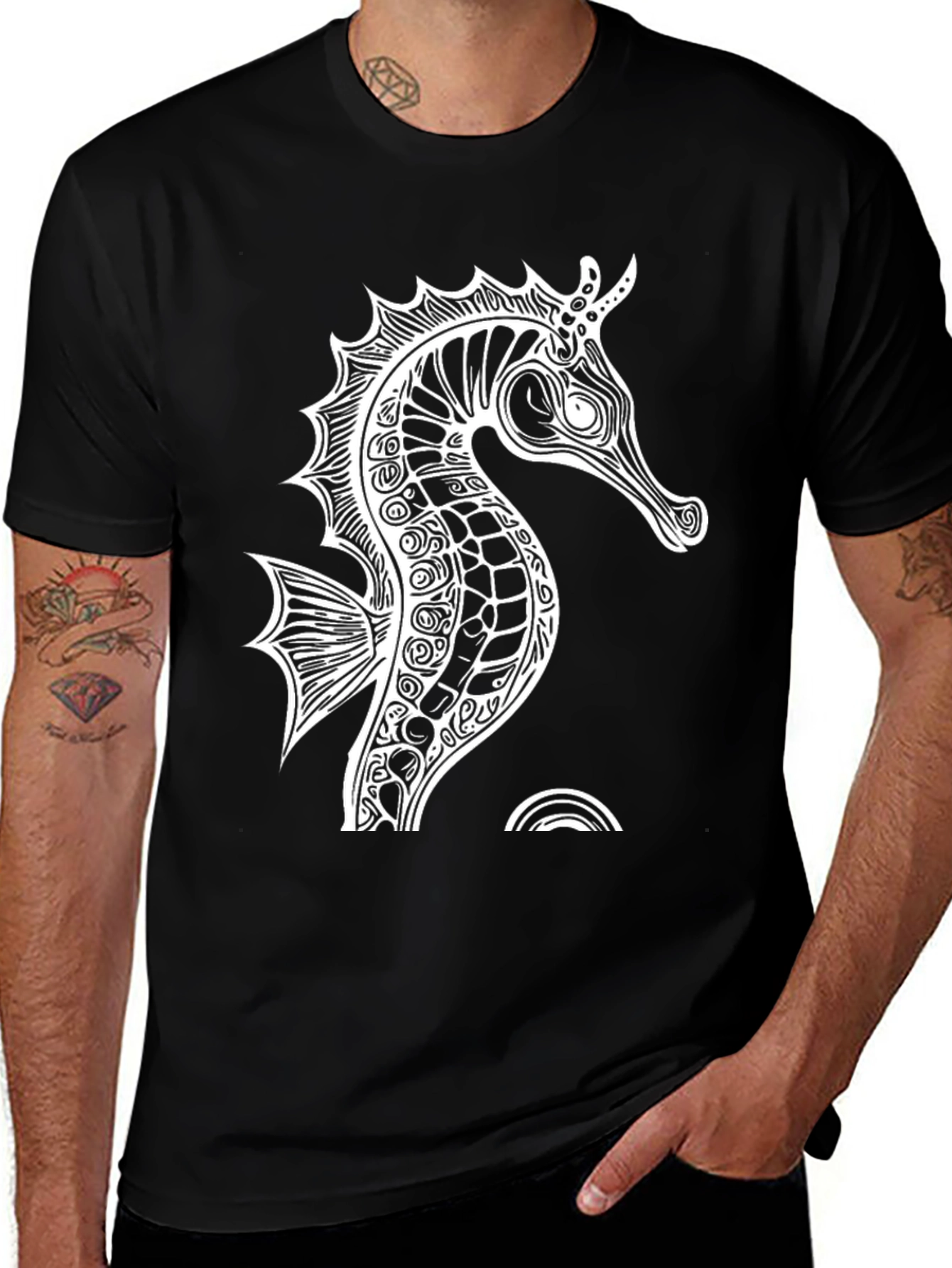 Variant 10 of Seahorse Graphic Black T-Shirt - Unique Ocean Design