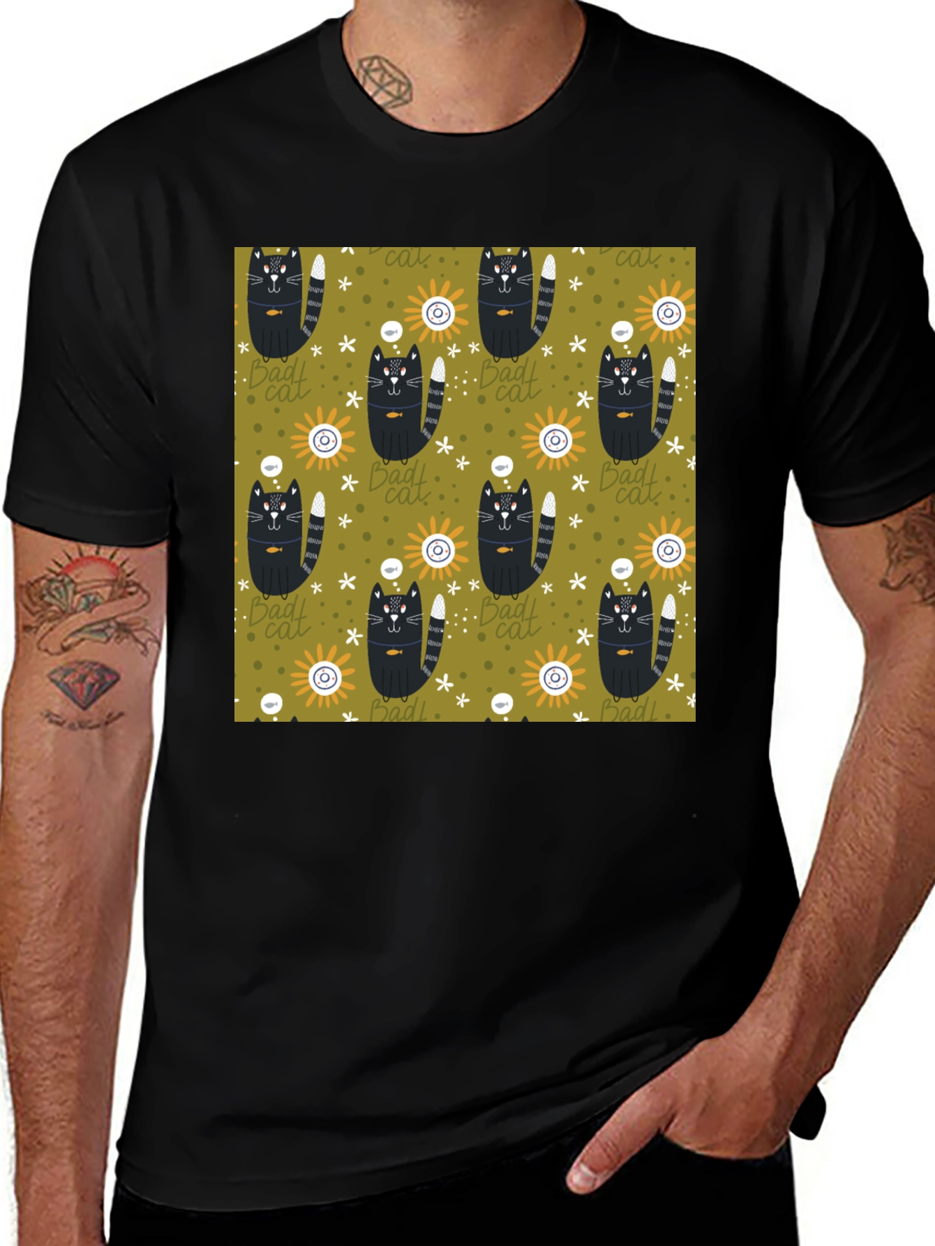 Variant 10 of Men's Black T-Shirt with "Bad Cats" Pattern