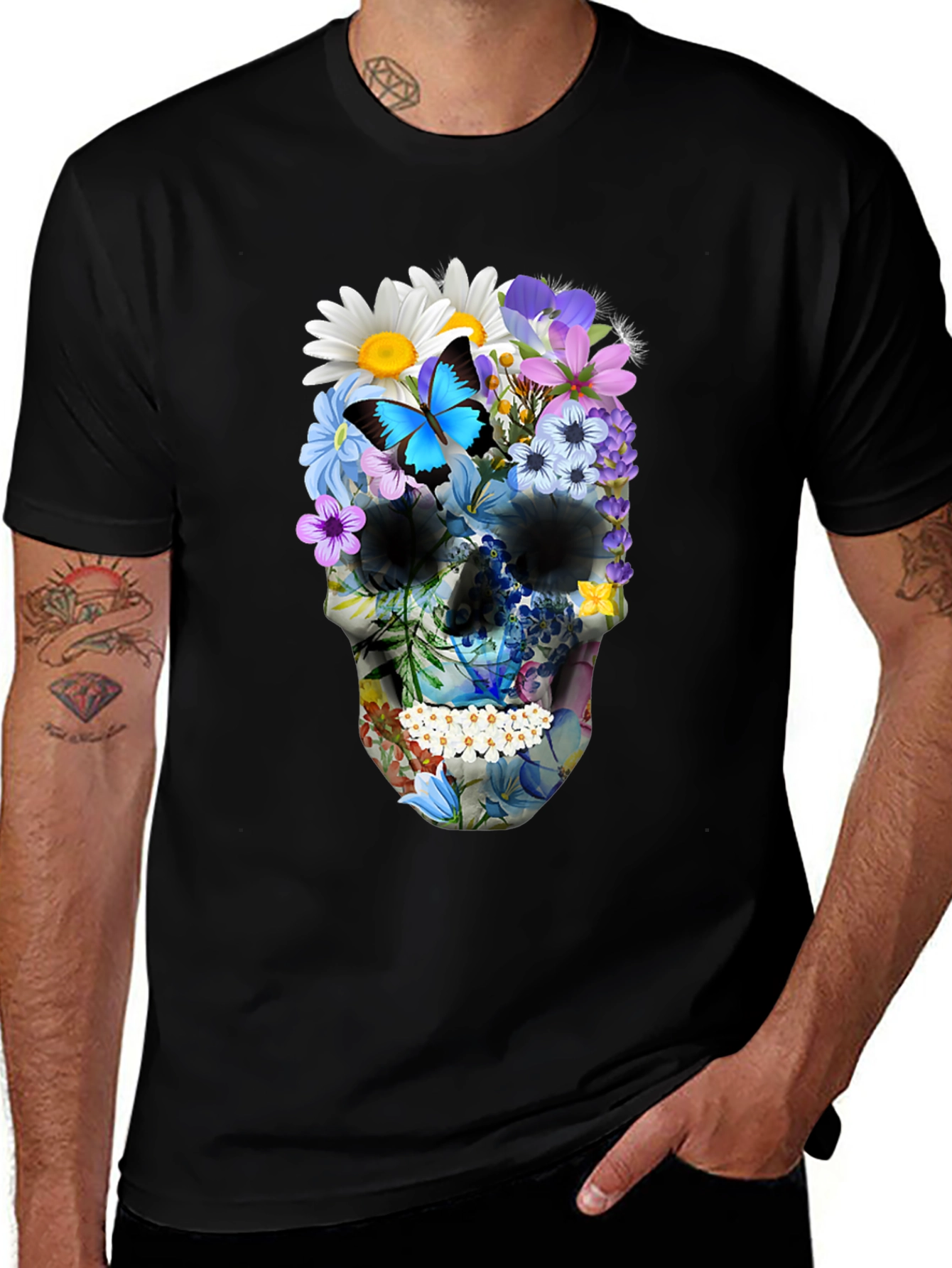 Variant 8 of Floral Skull Graphic T-Shirt - Men's Black Tee
