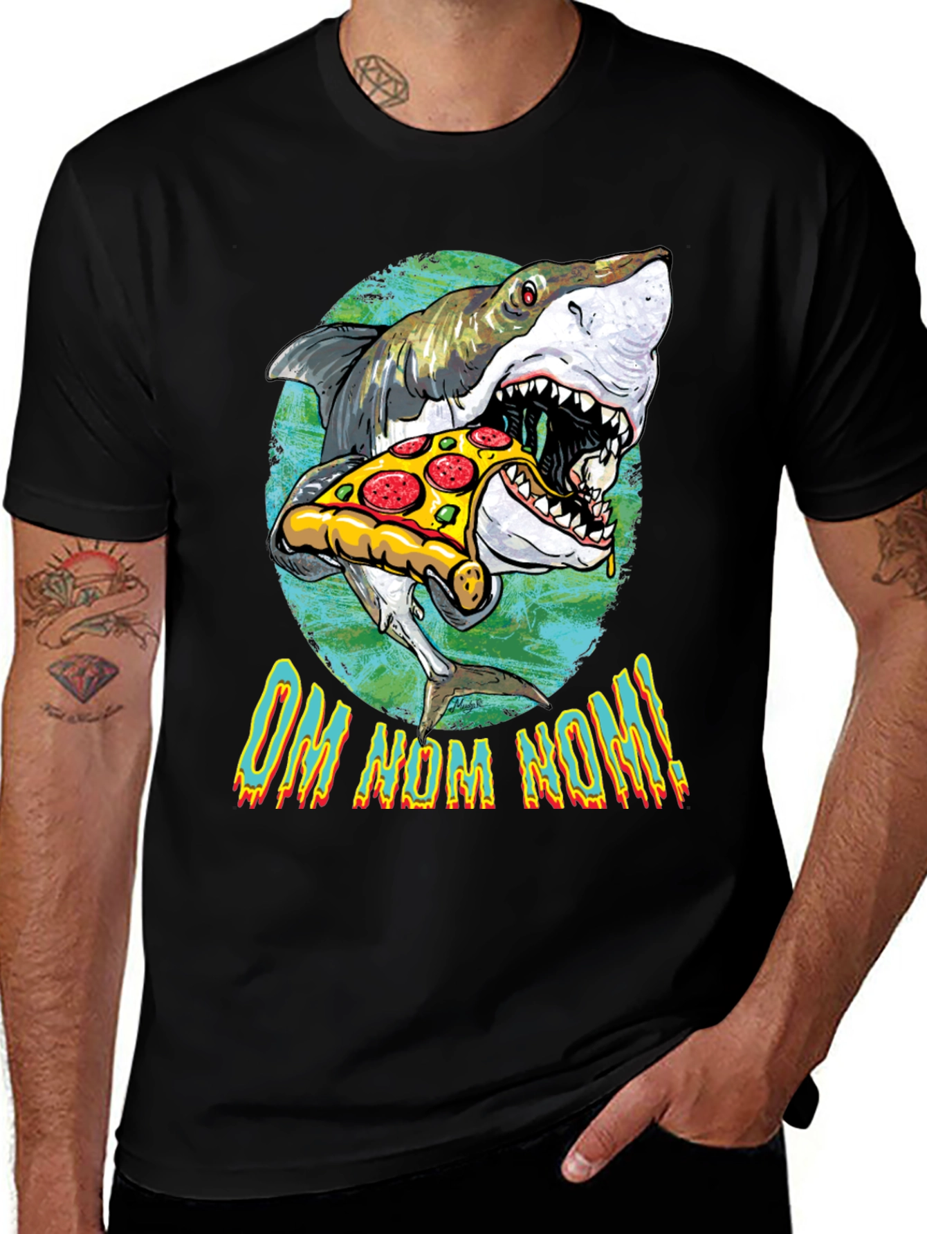 Variant 11 of Shark Eating Pizza Graphic T-Shirt - "OM NOM NOM!"