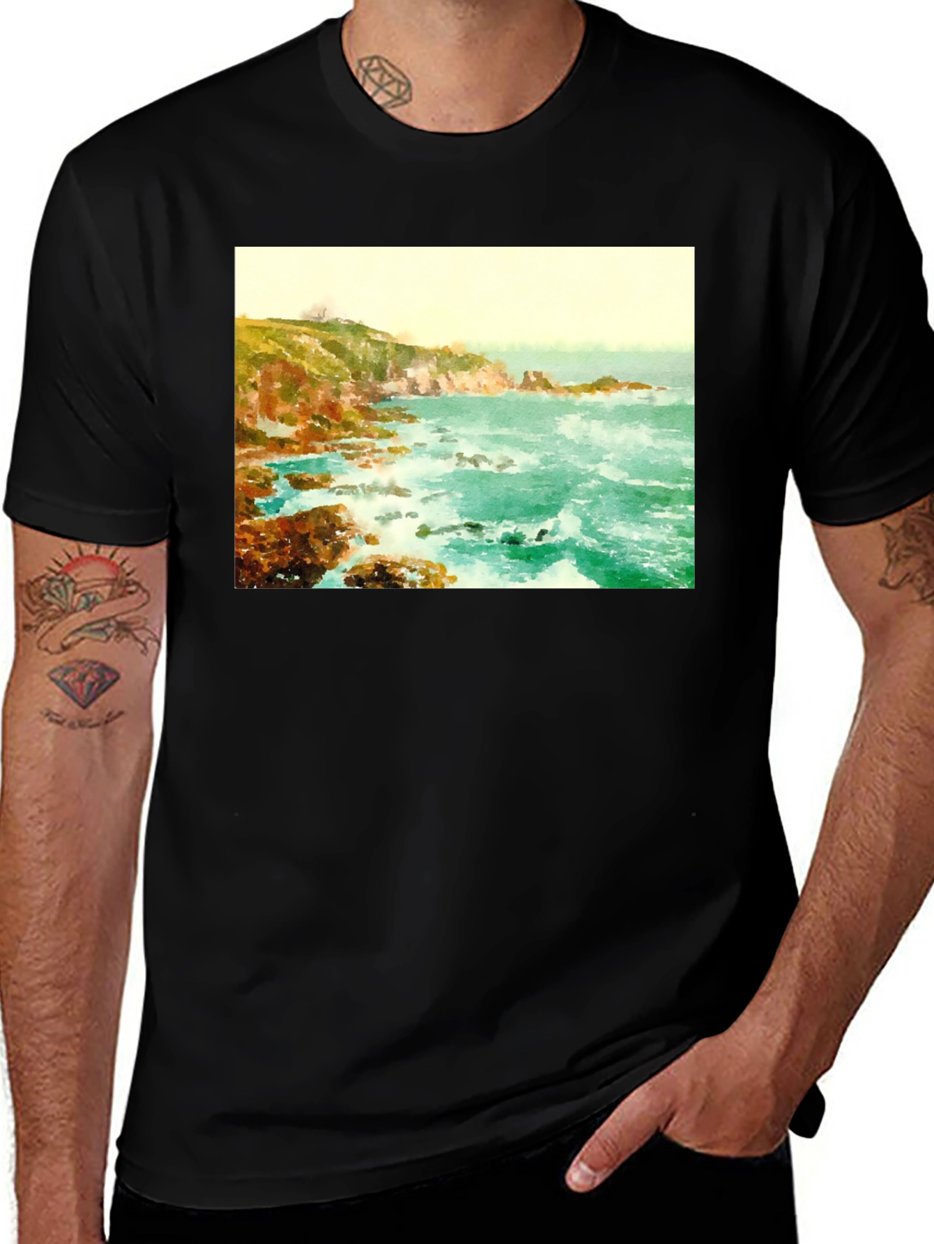 Coastal Scene Graphic Tee - Black Cotton