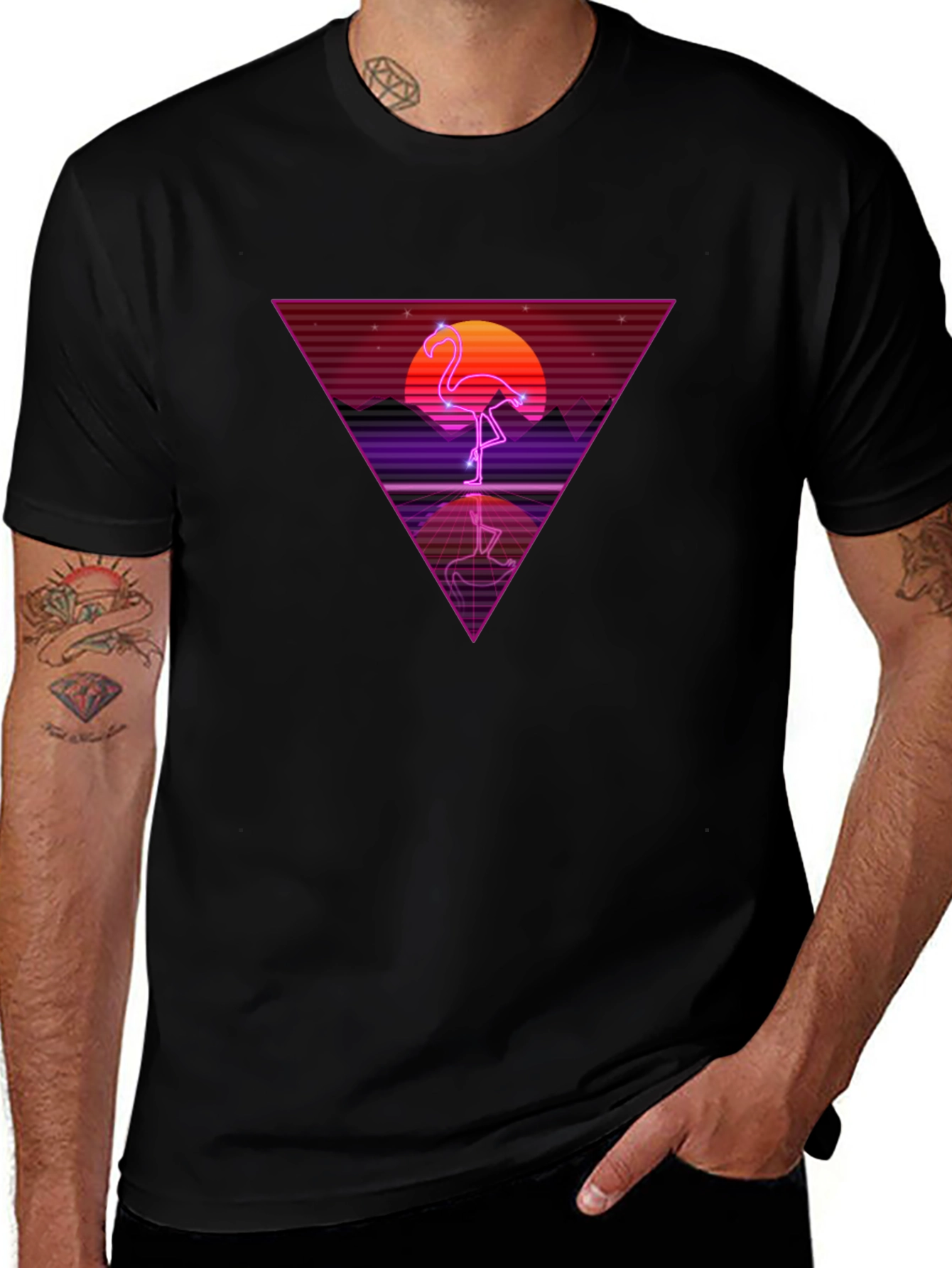 Black Retro Flamingo Triangle Graphic Tee main image
