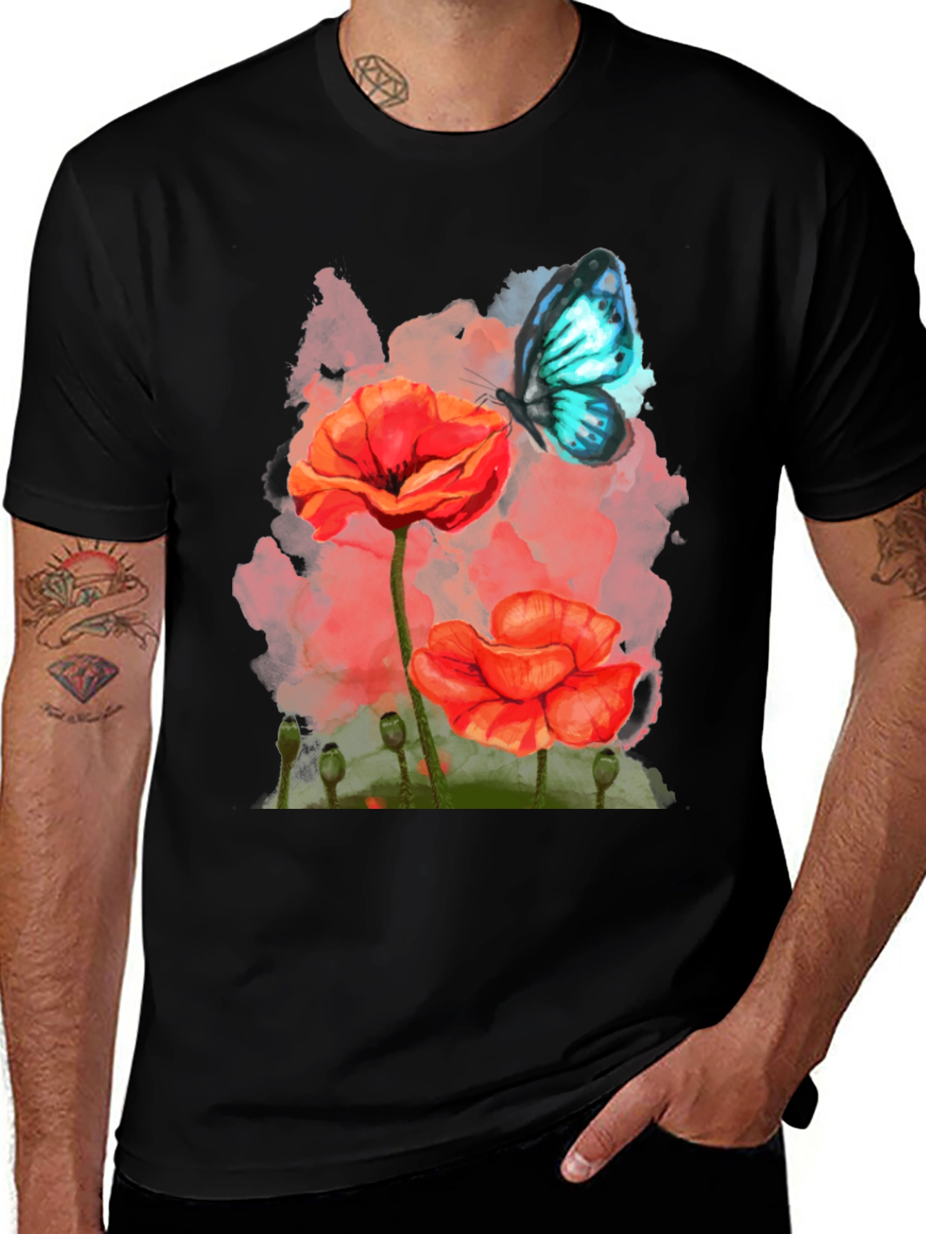 Variant 17 of Floral Butterfly Graphic Tee - Men's Black T-Shirt