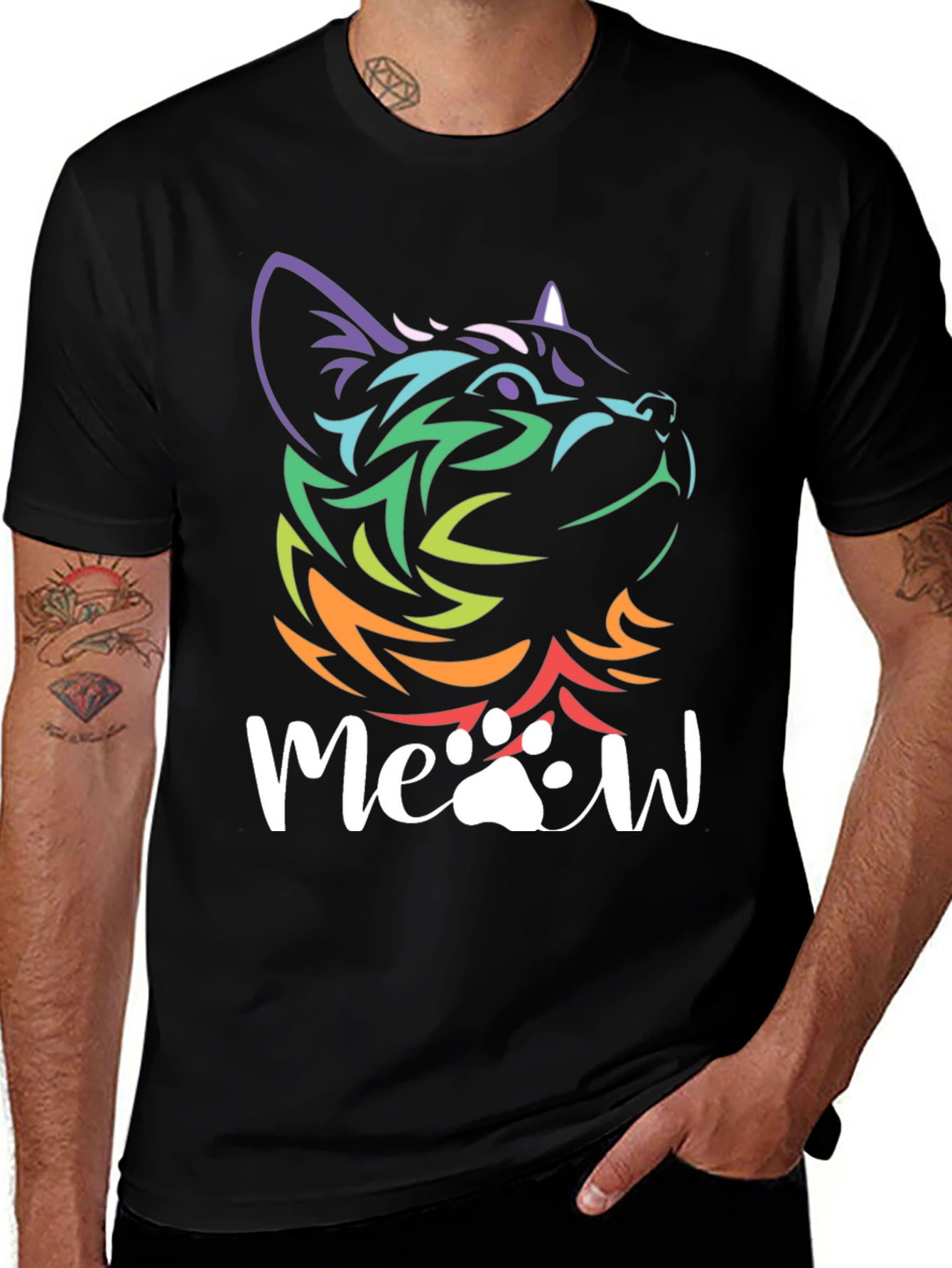 Variant 21 of Meow Cat T-Shirt - Rainbow Tribal Cat Design
