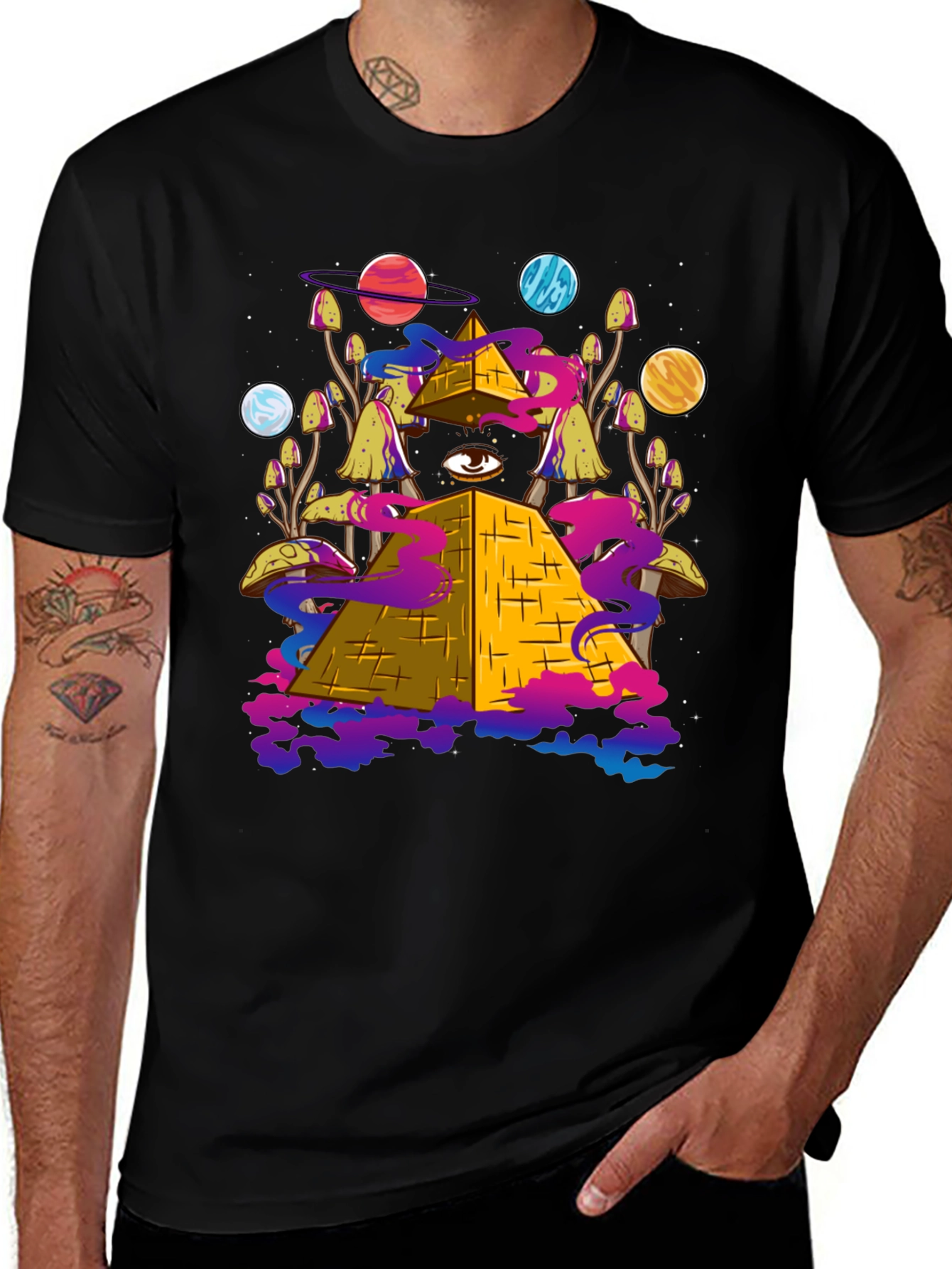 Variant 20 of Men's Black Graphic Tee - Pyramid & Planets Design
