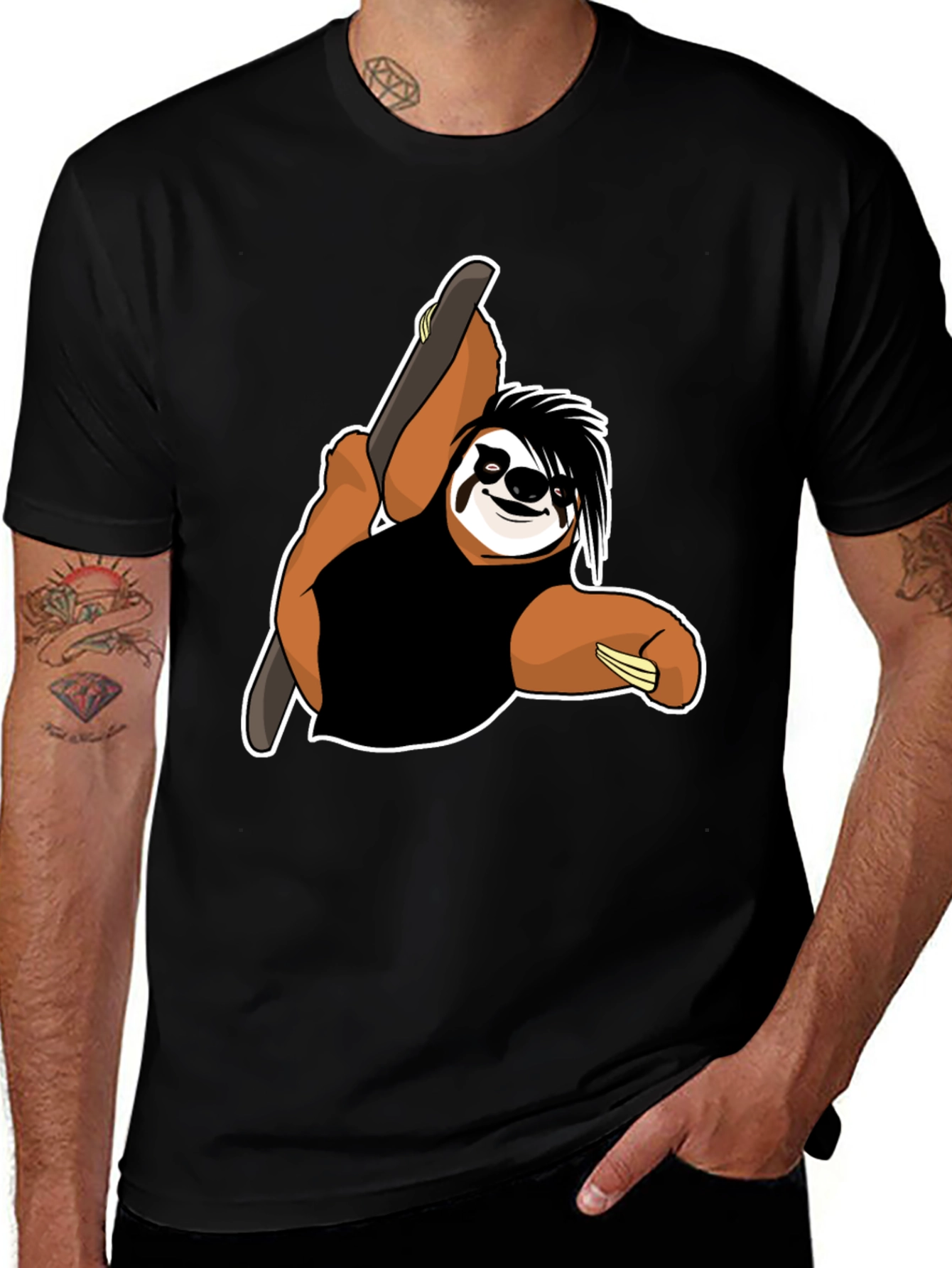 Variant 10 of Emo Sloth Skateboarder T-Shirt - Black Cotton Tee