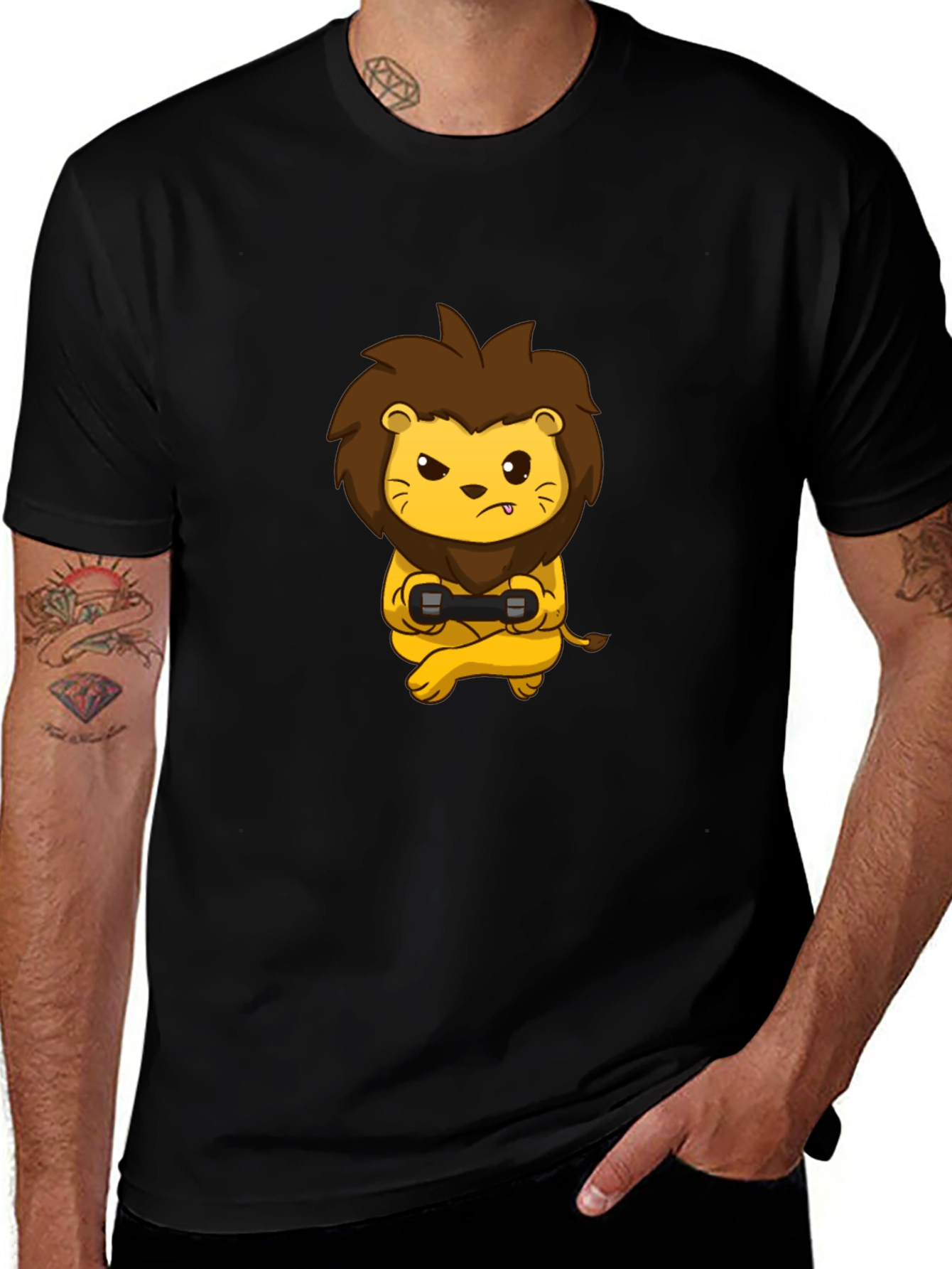 Black Gamer Lion Graphic T-Shirt - Black Cotton Tee main image