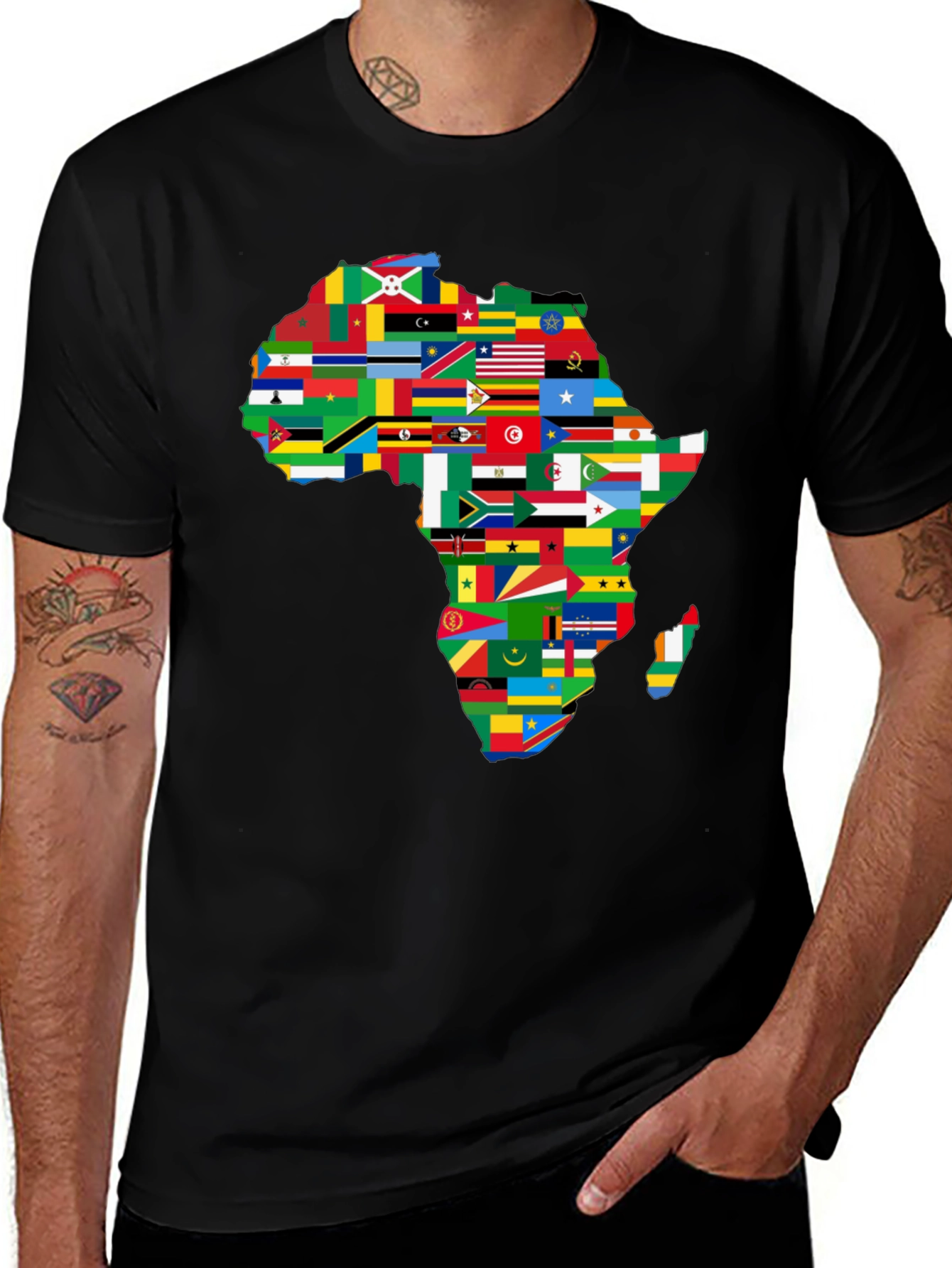 Africa Flags Map Graphic T-Shirt - Black Crew Neck