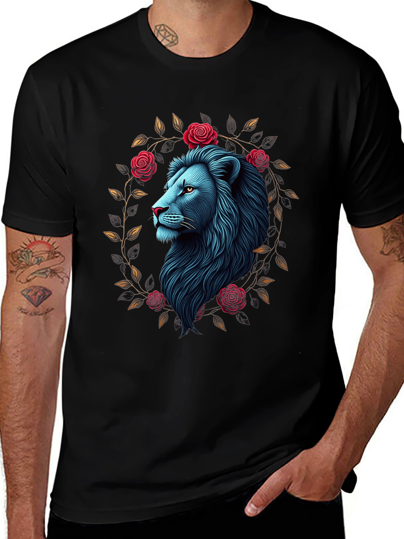 Variant 8 of Lion and Roses Black Graphic Tee