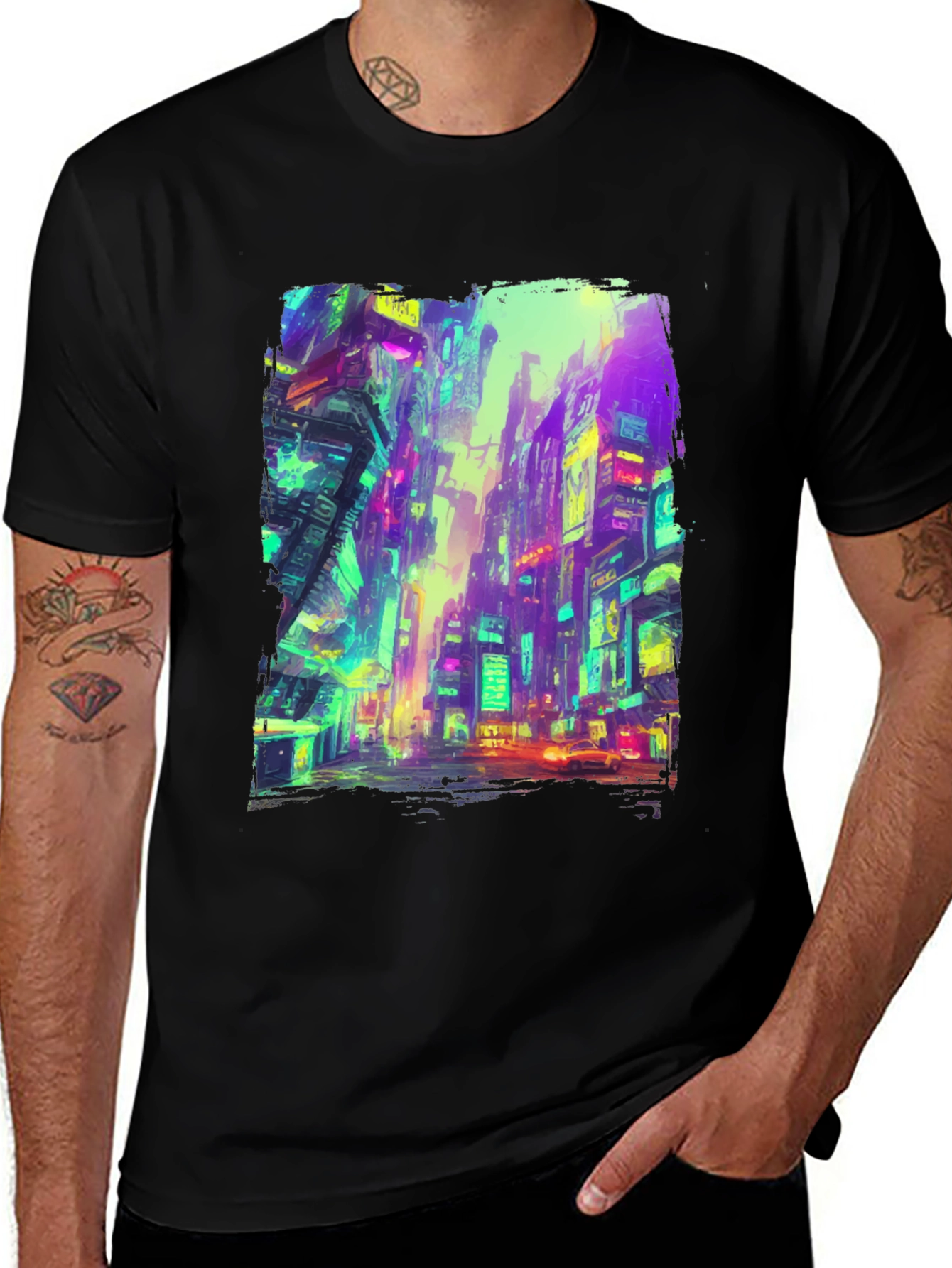 Variant 18 of Cyberpunk Cityscape Graphic Tee - Black