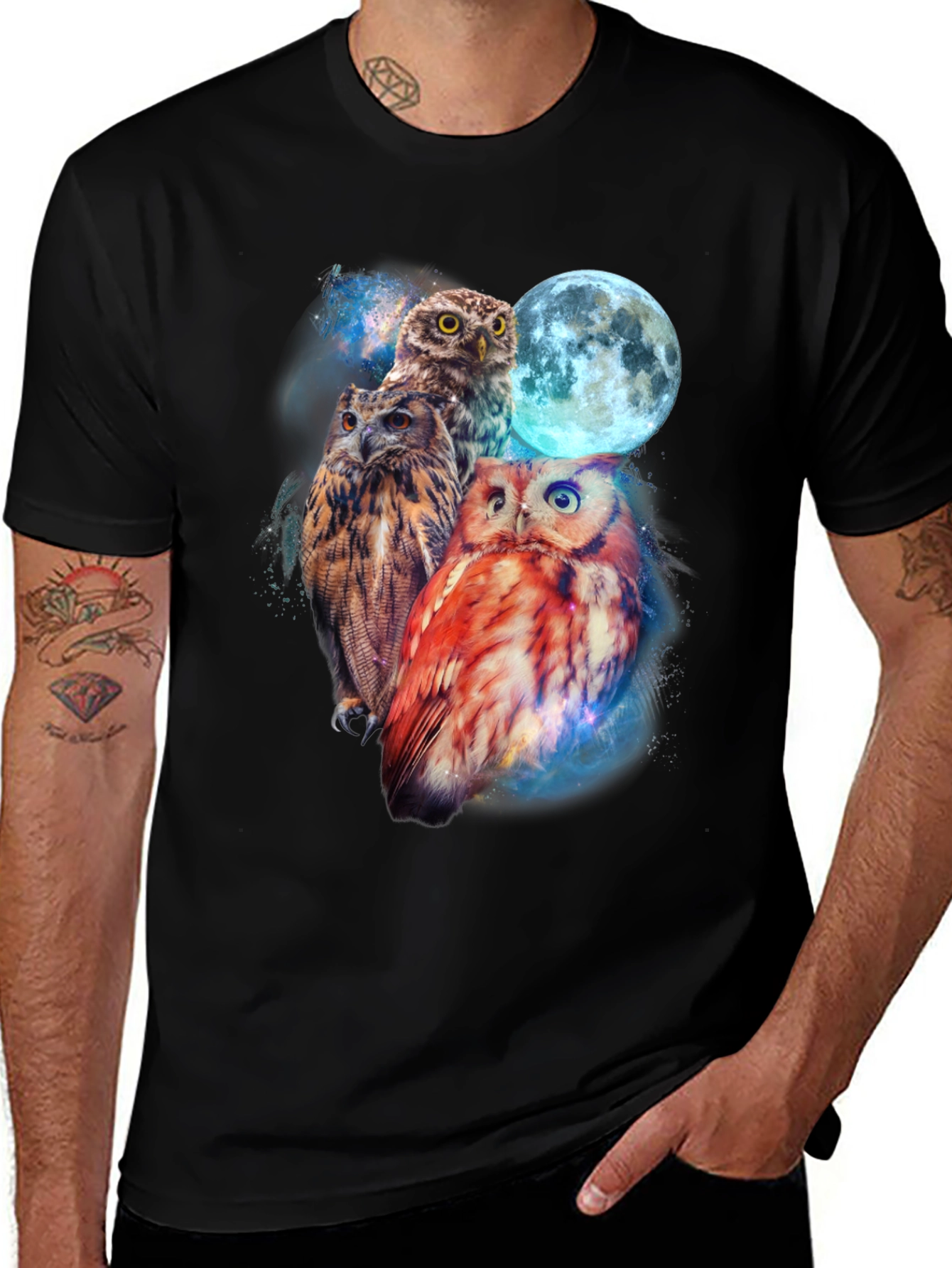 Variant 5 of Owl Trio & Moon Graphic Tee - Unique Nocturnal Style