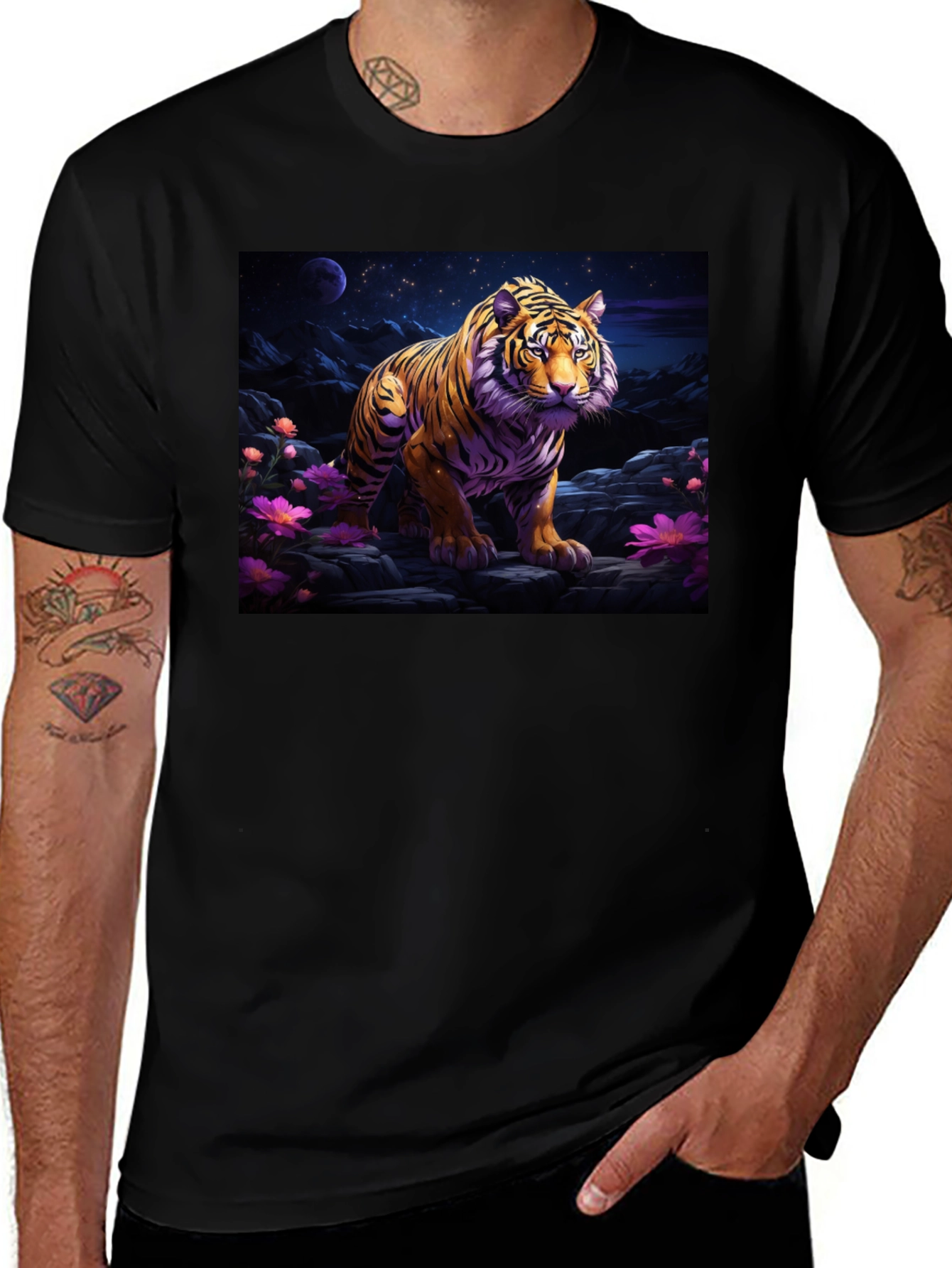 Variant 24 of Tiger Stargazing Graphic Tee - Men's Black T-Shirt
