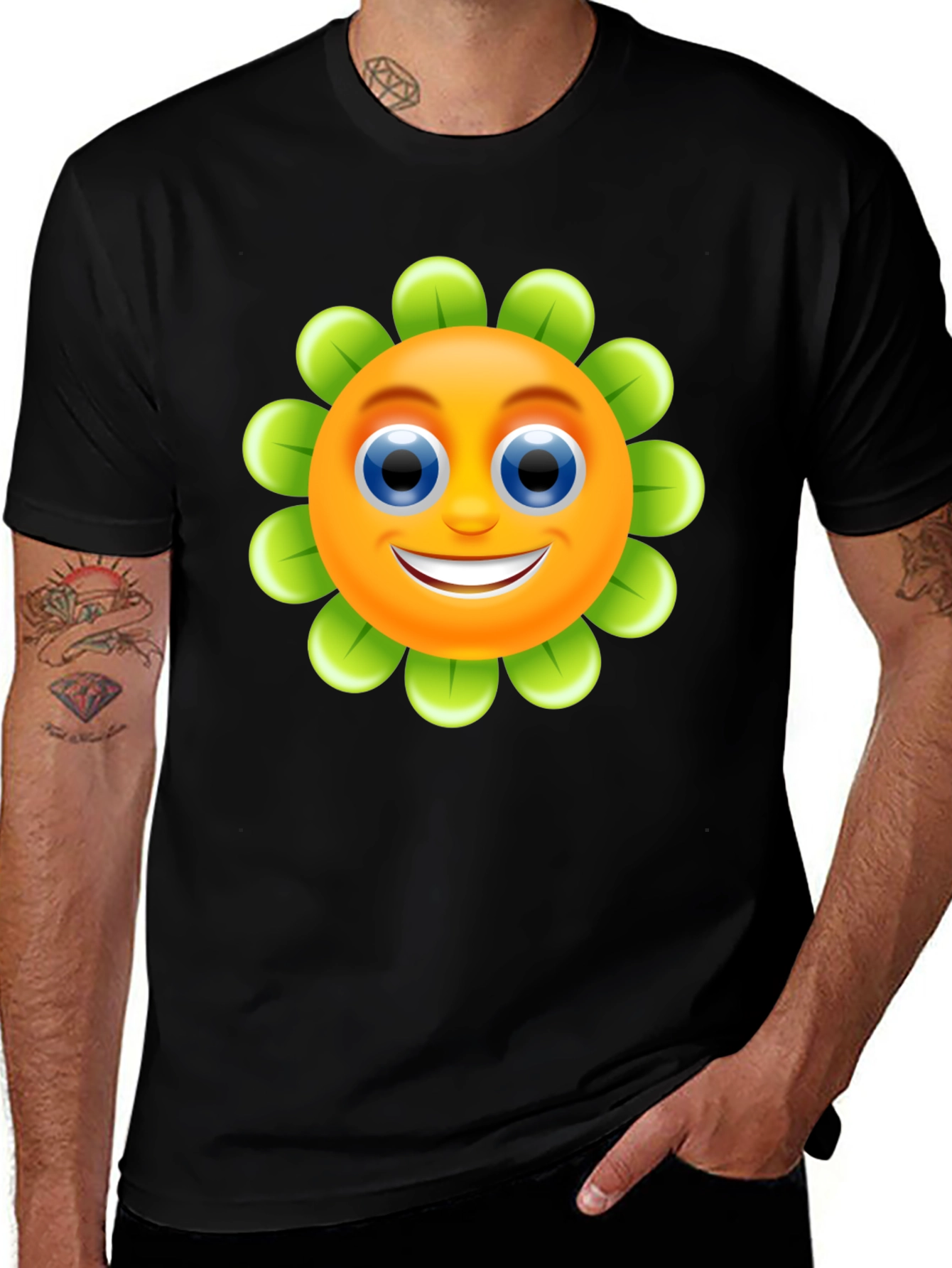 Variant 24 of Happy Flower Emoji Graphic Tee - Black Cotton Blend