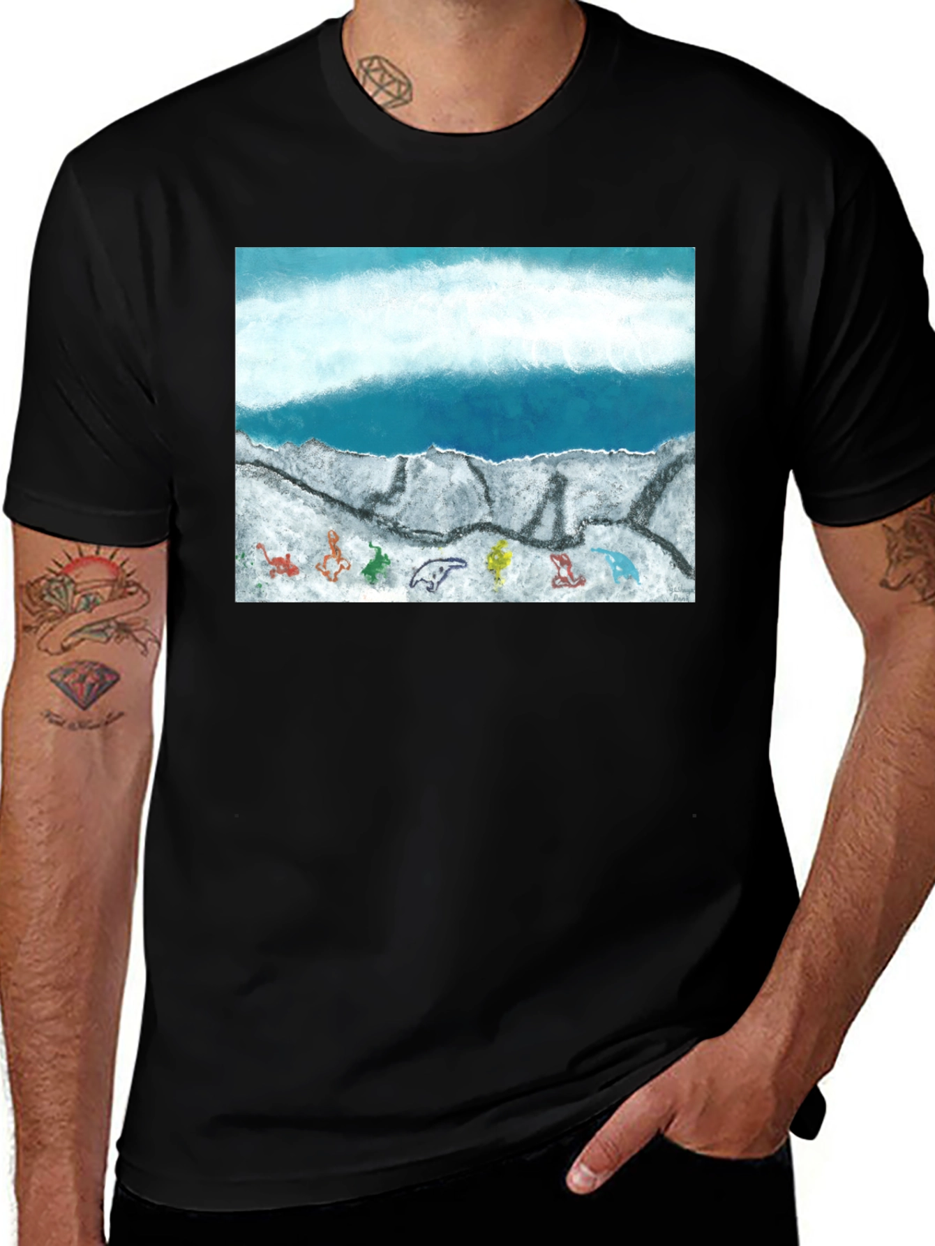 Ocean Scene Graphic Print Black T-Shirt