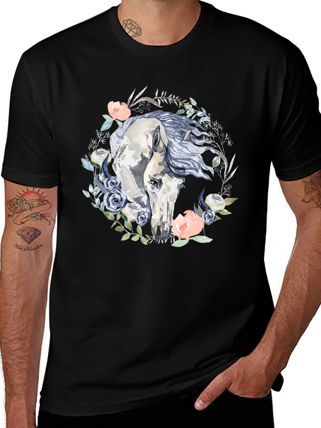 Variant 18 of Floral Horse Graphic Tee - Stylish Men's Black T-Shirt
