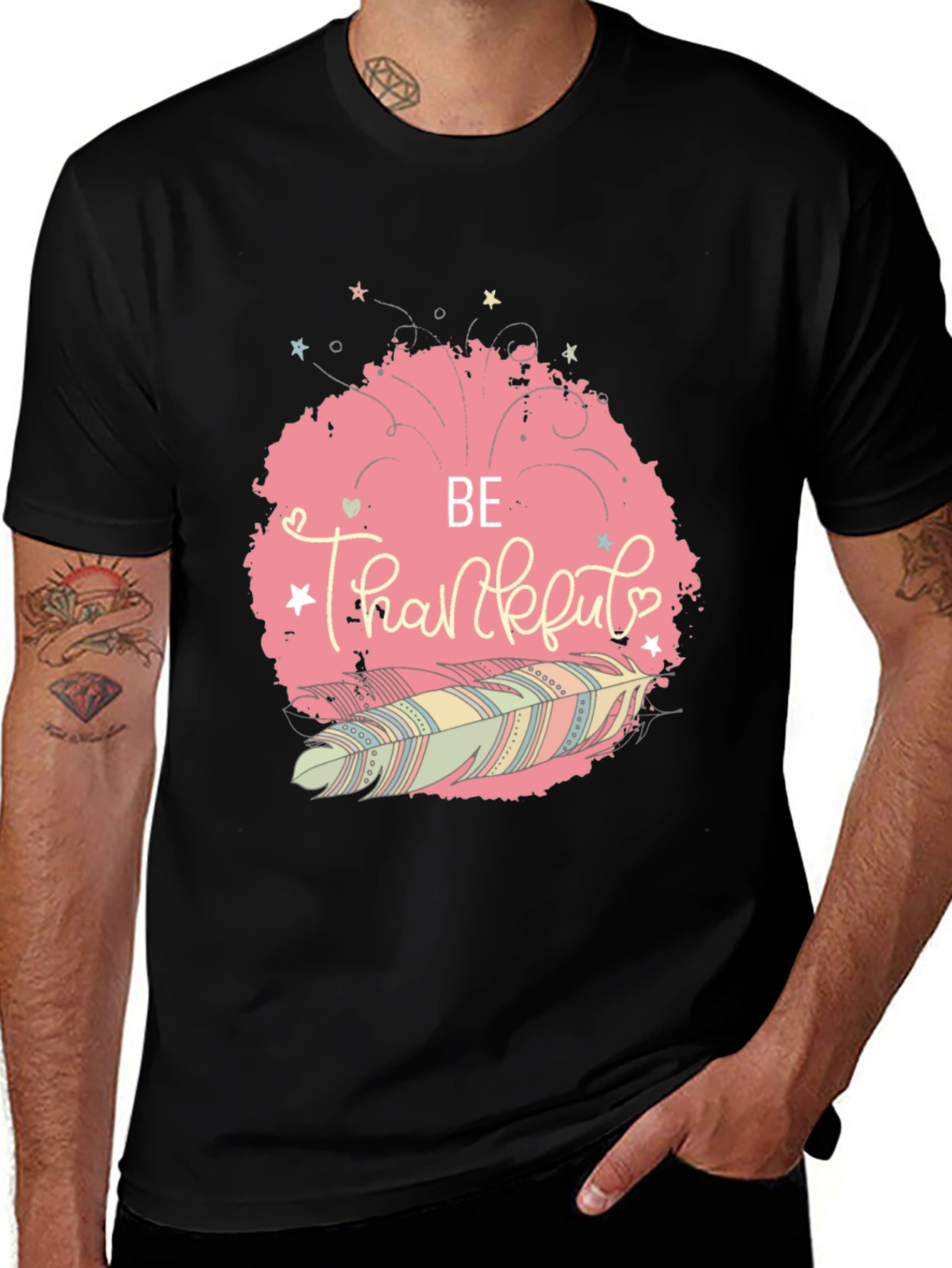 Variant 12 of Be Thankful Feather Graphic Tee - Stylish Comfort